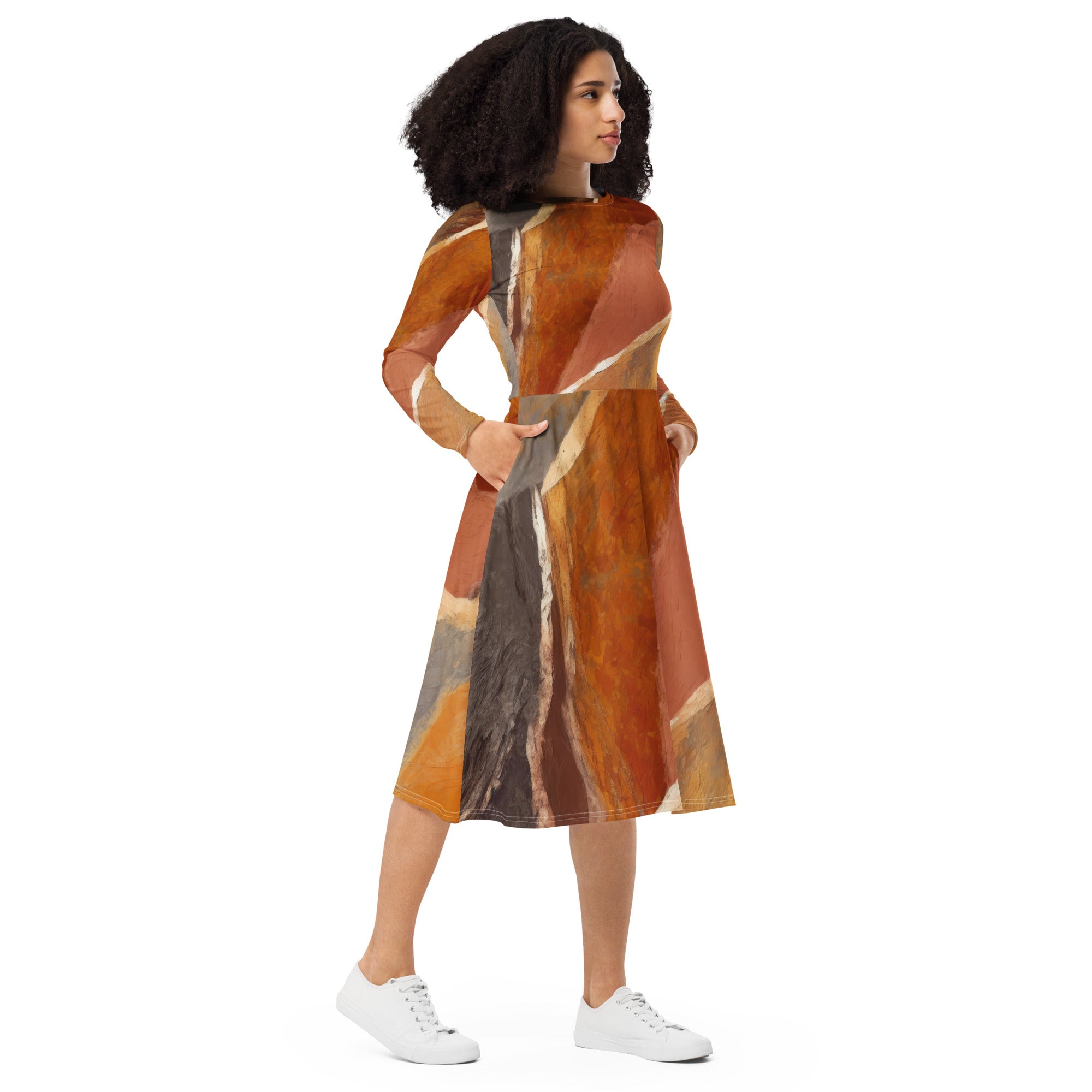 Womens Long Sleeve Midi Dress in Rustic Brown Stone Print, featuring a boat neckline, long sleeves, and side pockets.