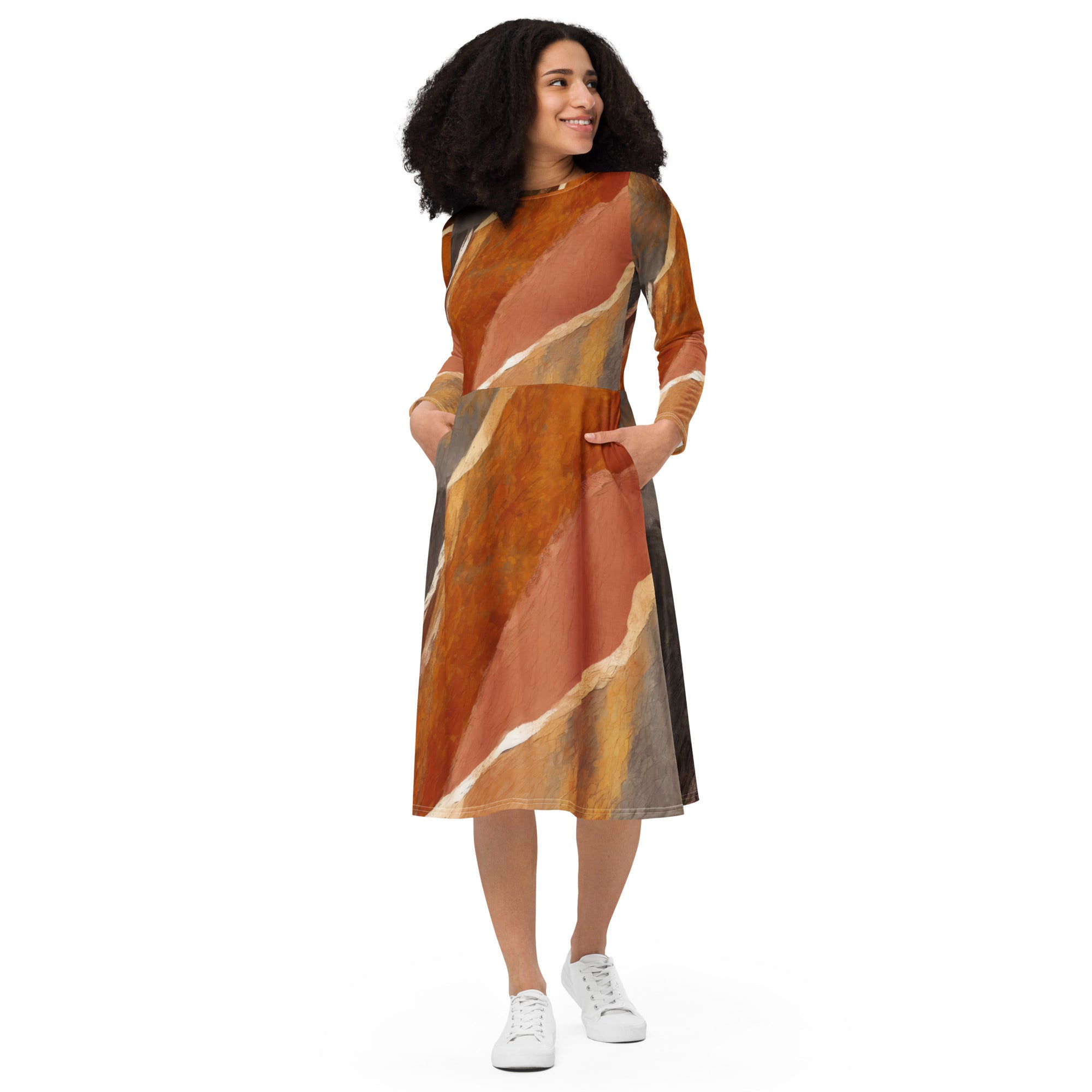 Womens Long Sleeve Midi Dress in Rustic Brown Stone Print, featuring a boat neckline, long sleeves, and side pockets.