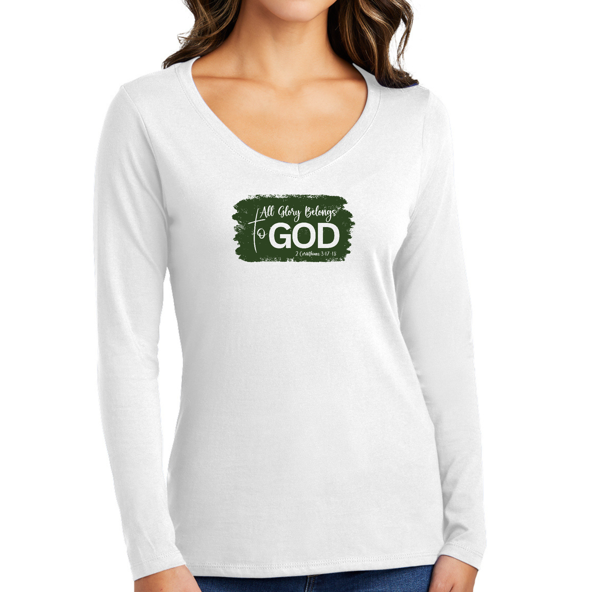 Women's Long Sleeve V-neck Graphic T-shirt in dark green with 'All Glory Belongs to God' design, showcasing a stylish and comfortable fit.