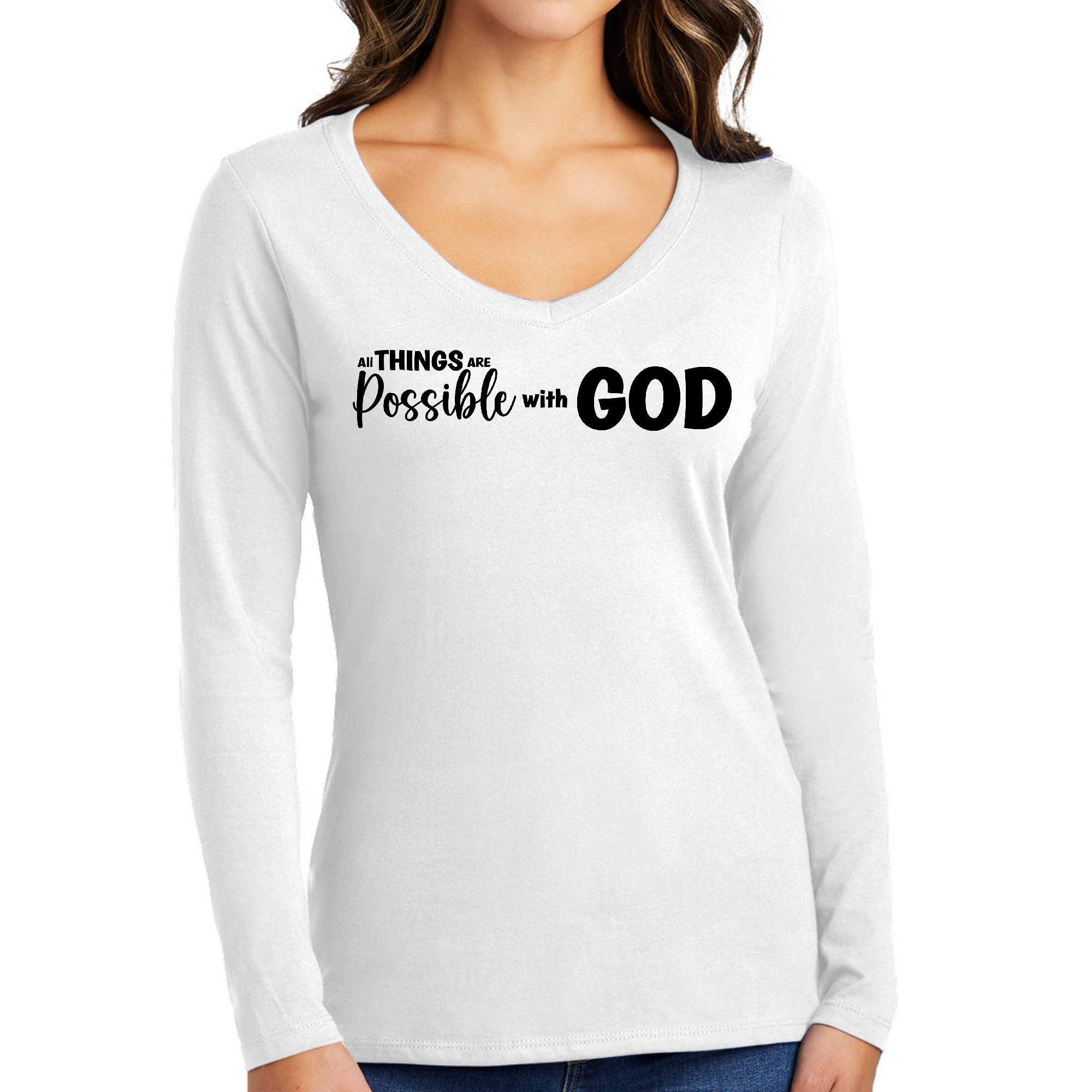 Women's Long Sleeve V-neck Graphic T-shirt in black featuring the text 'All Things Are Possible With GOD' in a stylish design.