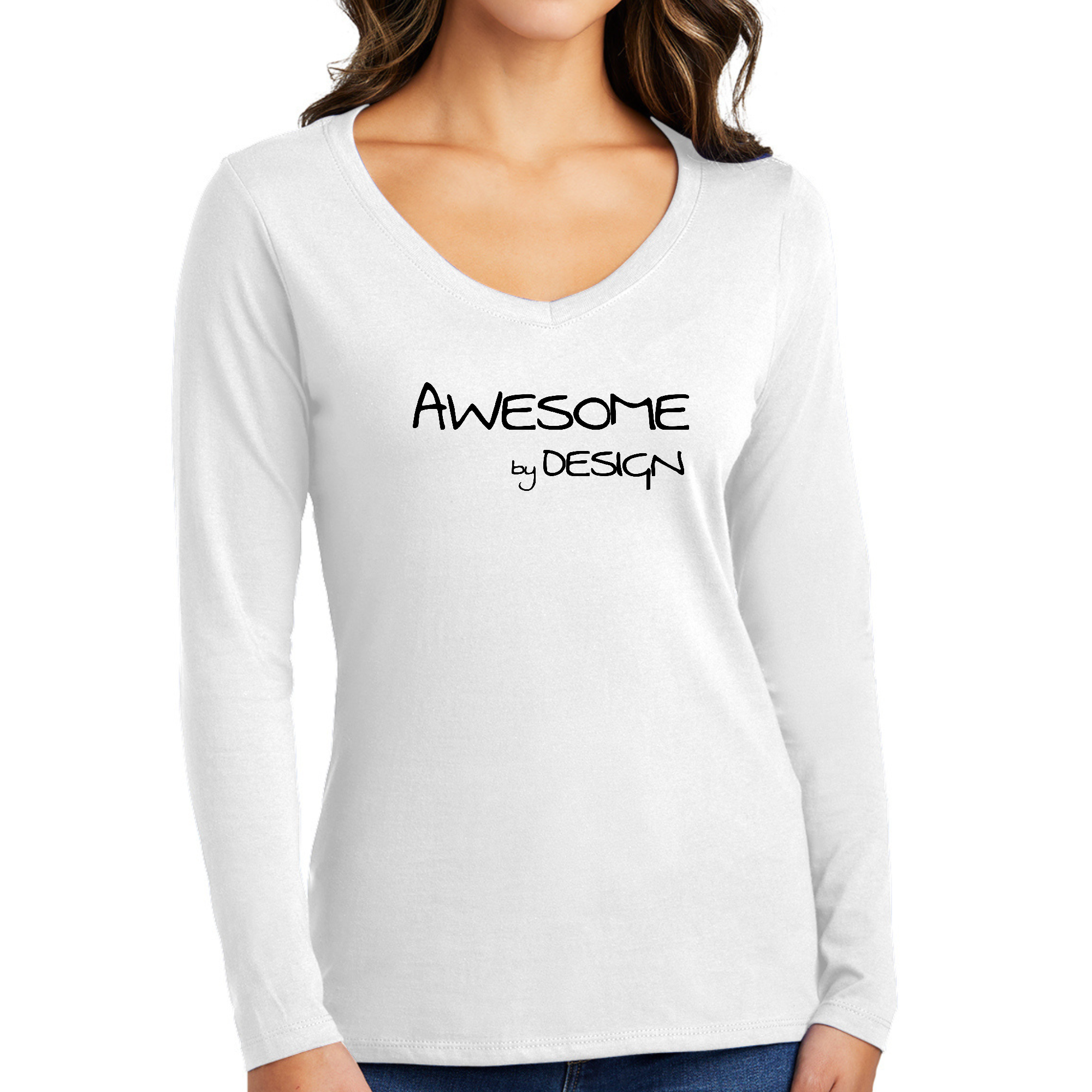 Womens Long Sleeve V-neck Graphic T-shirt in black with Awesome by Design print, showcasing a stylish and comfortable design.
