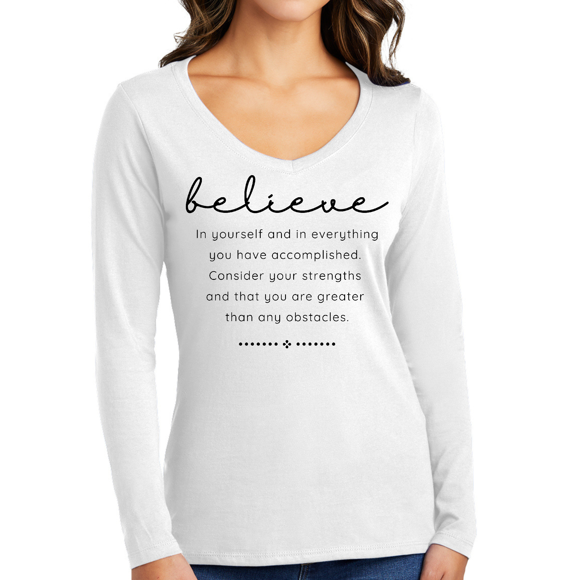 Women's Long Sleeve V-neck Graphic T-shirt in black featuring 'Believe in Yourself' inspirational design, made from soft preshrunk cotton.