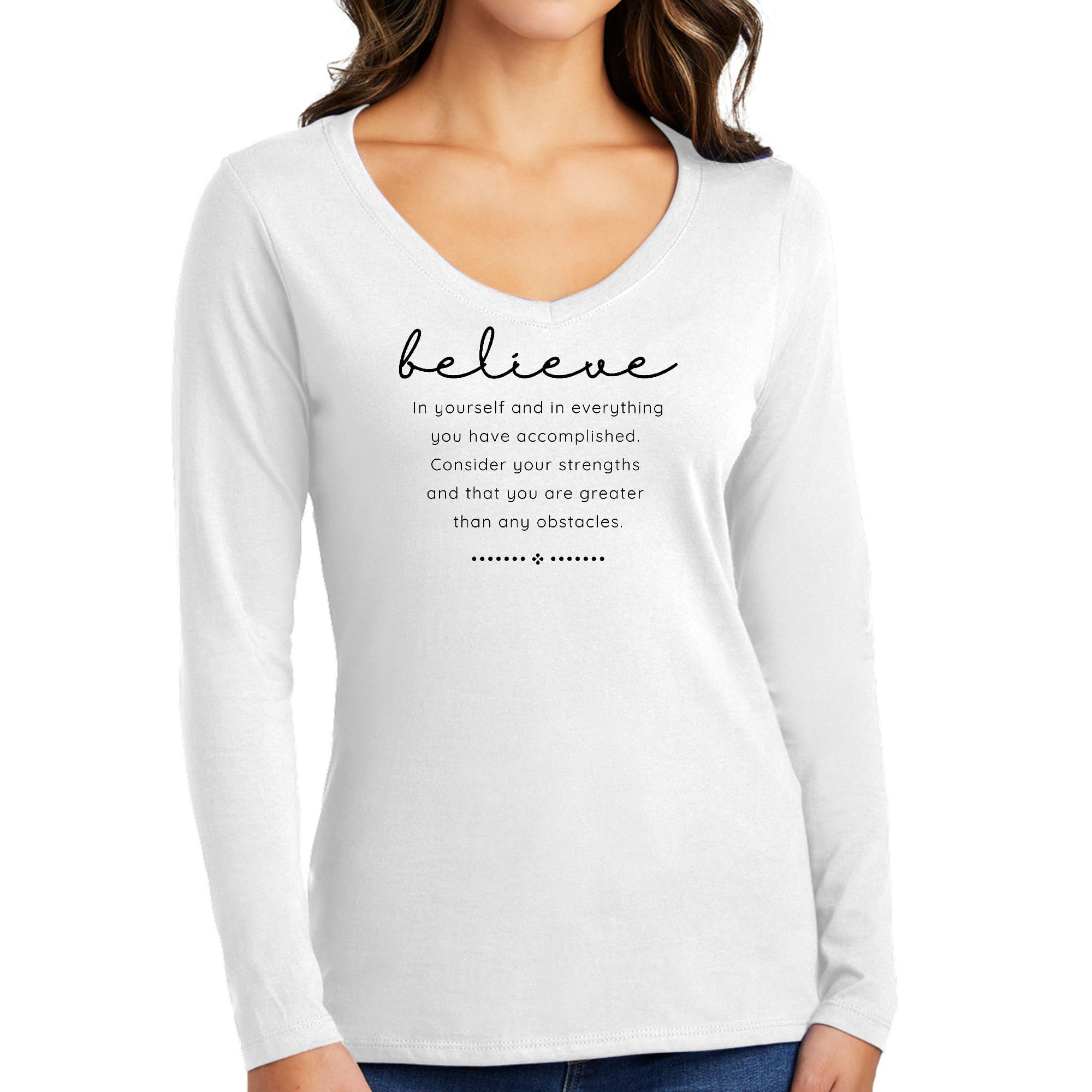 Women's Long Sleeve V-neck Graphic T-shirt in black featuring 'Believe in Yourself' inspirational design, made from soft preshrunk cotton.