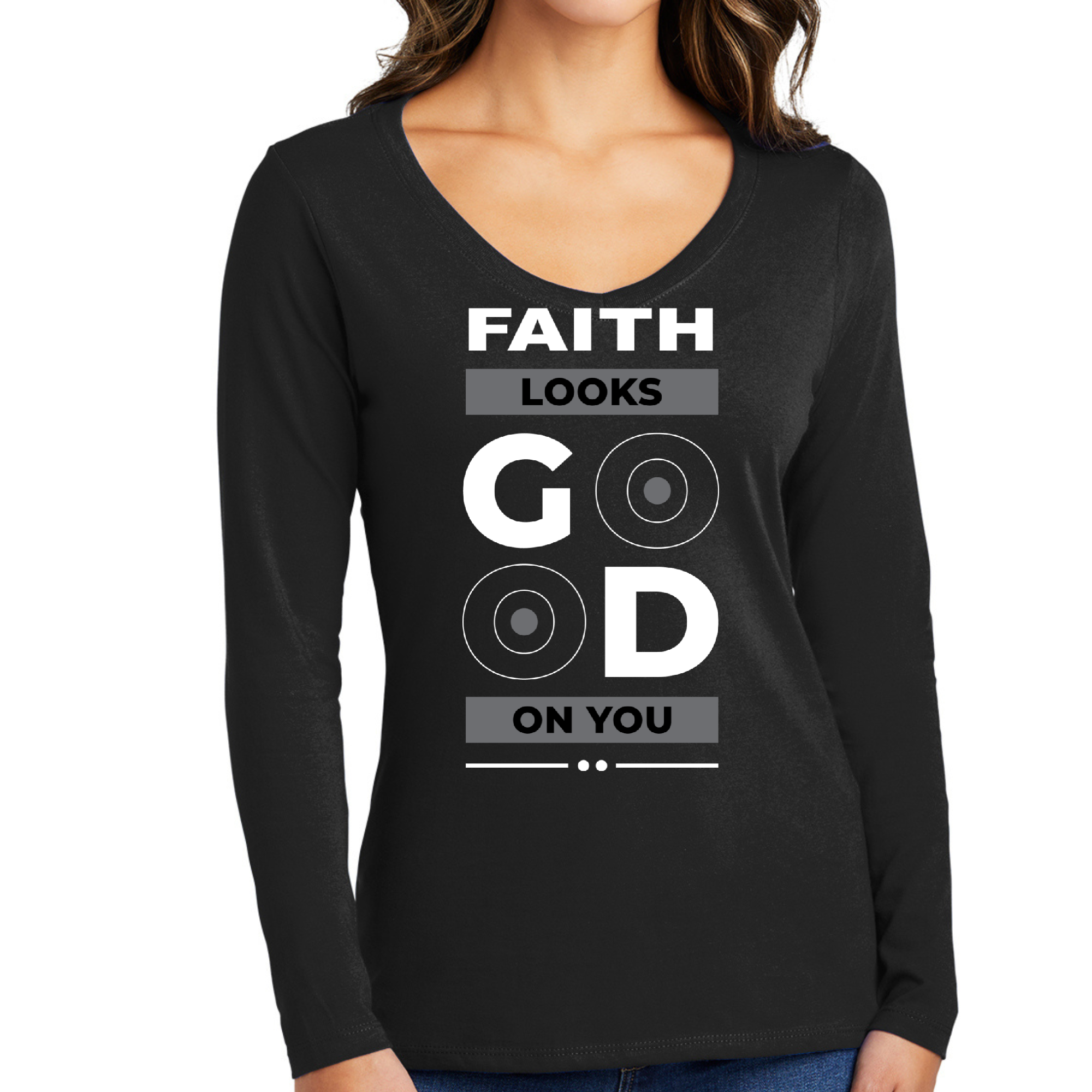 Women's Long Sleeve V-neck Graphic T-shirt with 'Faith Looks Good' print, showcasing a comfortable fit and soft cotton fabric.
