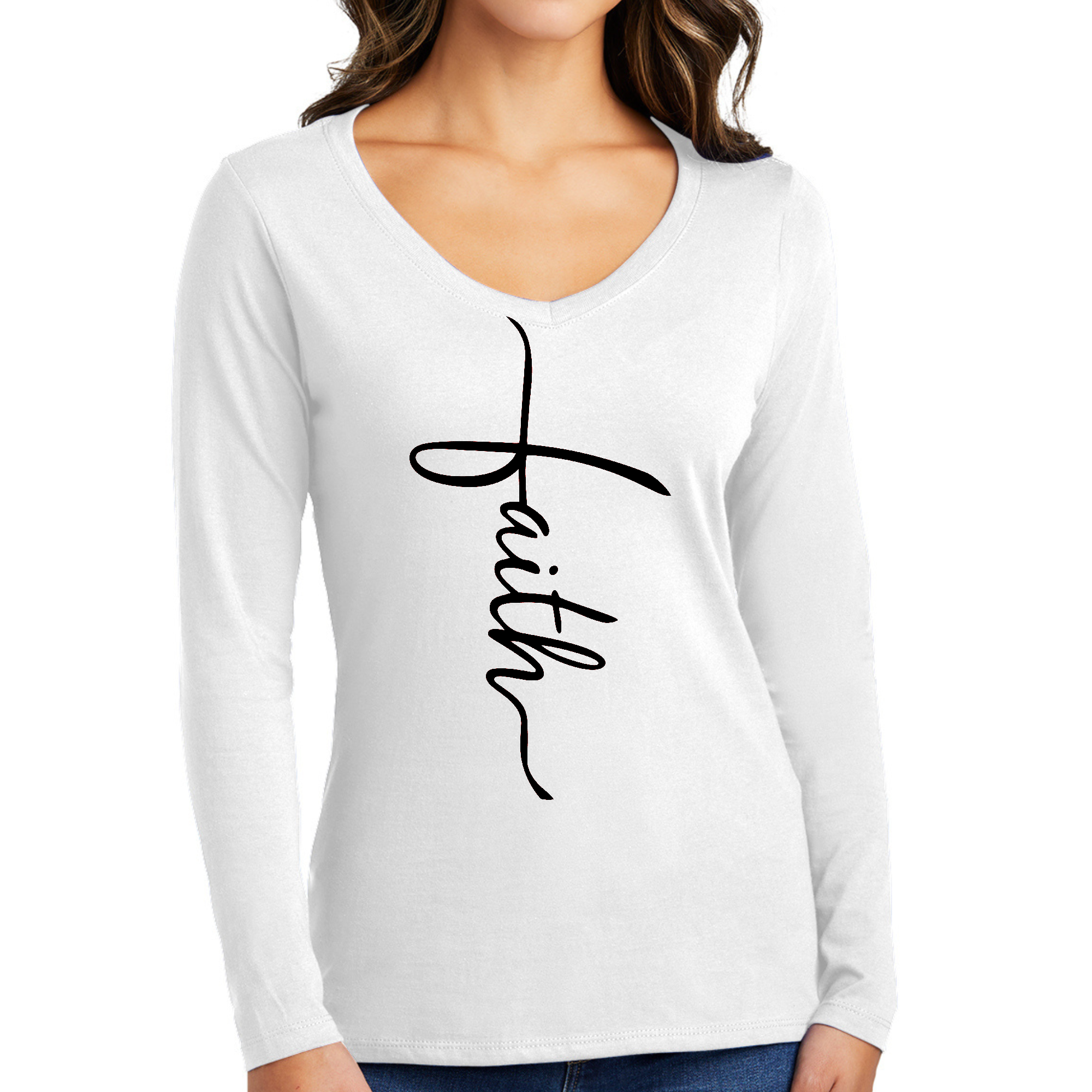 Women's Long Sleeve V-neck Graphic T-shirt in black featuring a Faith Script Cross design, made from soft preshrunk cotton.