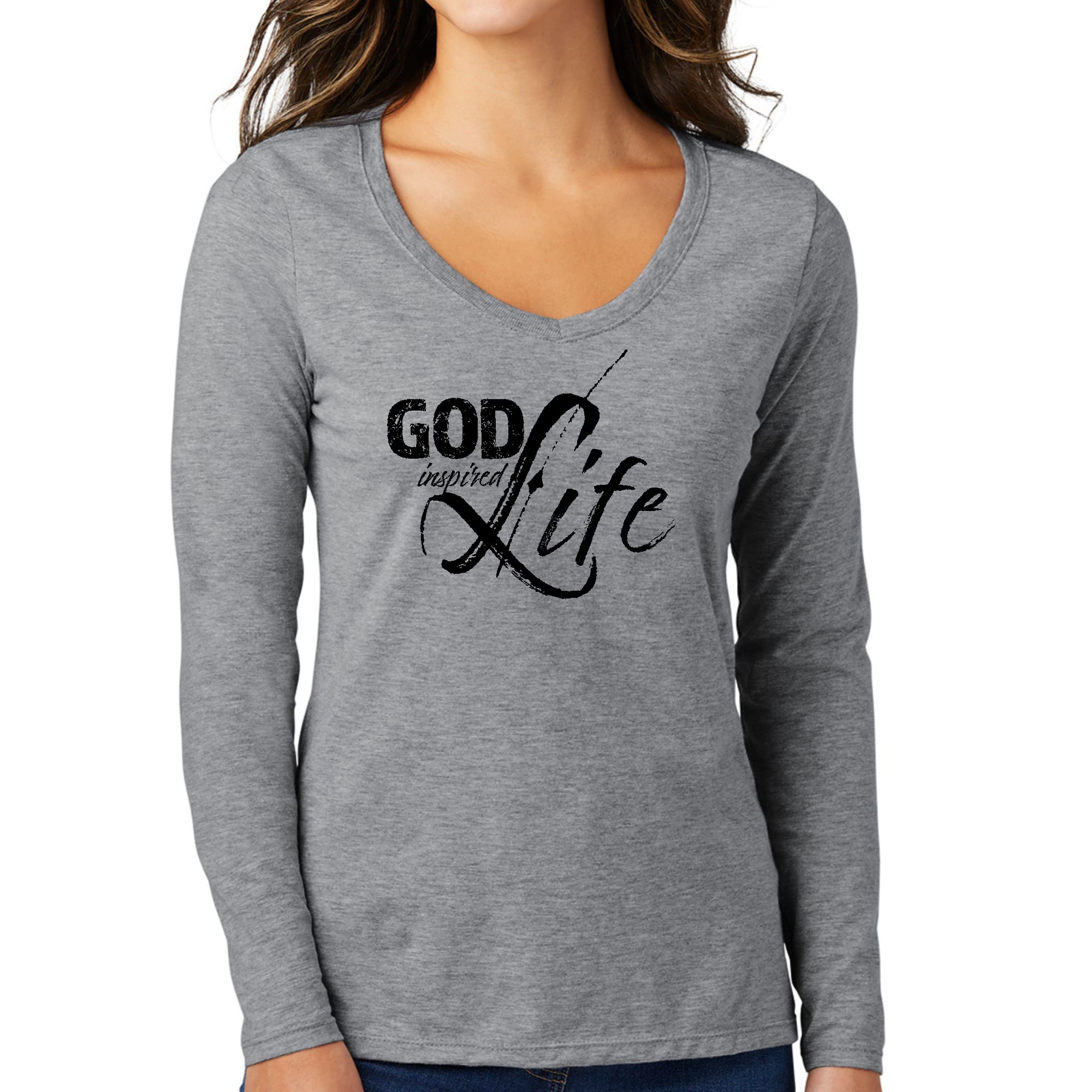 Women's Long Sleeve V-neck Graphic T-shirt in black featuring 'God Inspired Life' inspirational quote print.