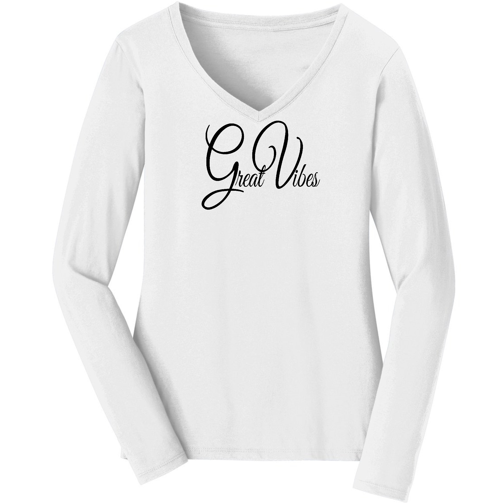 Women's Long Sleeve V-neck Graphic T-shirt in black with Great Vibes design, showcasing a stylish and comfortable fit.