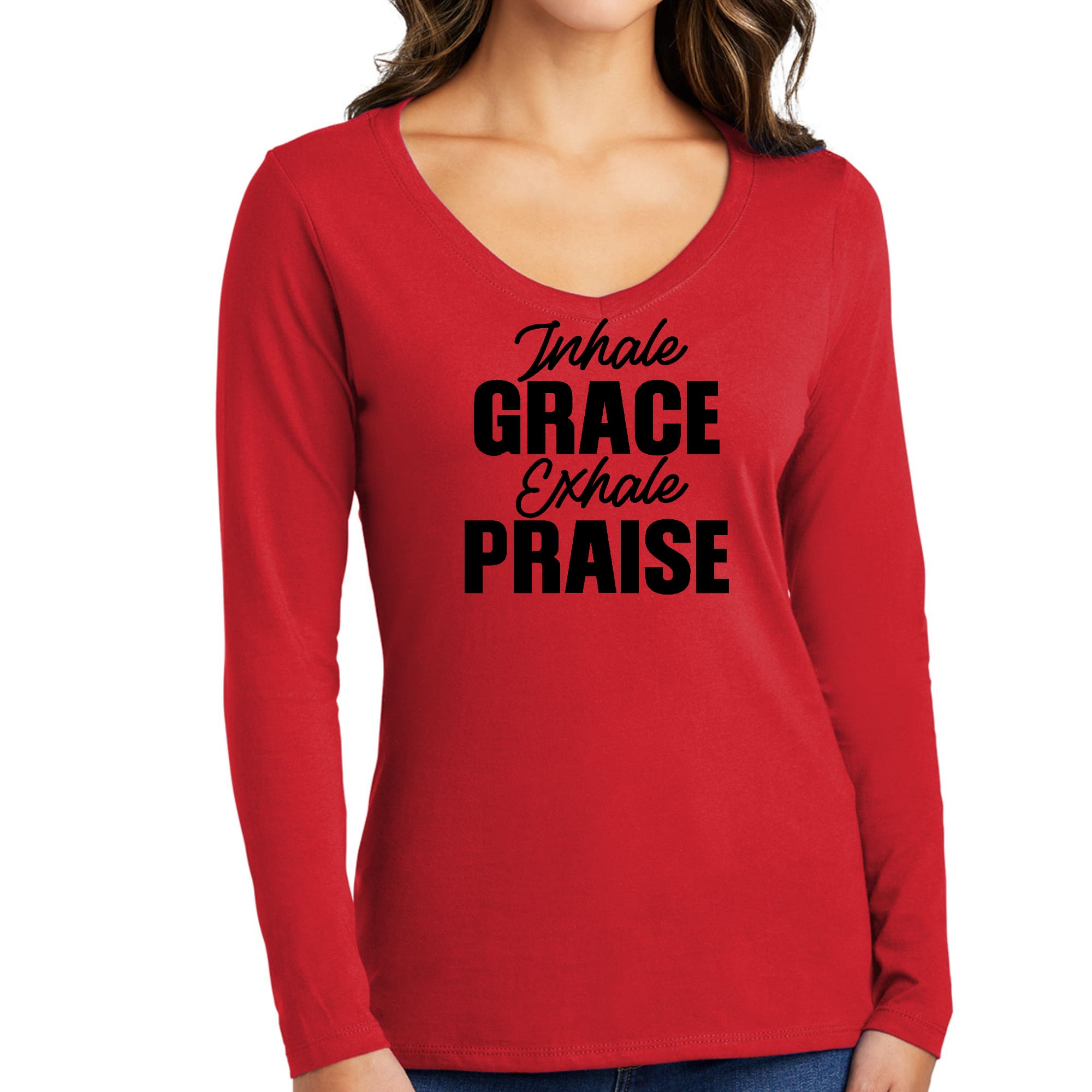 Women's Long Sleeve V-neck Graphic T-shirt featuring 'Inhale Grace Exhale Praise' design, made from soft preshrunk cotton.