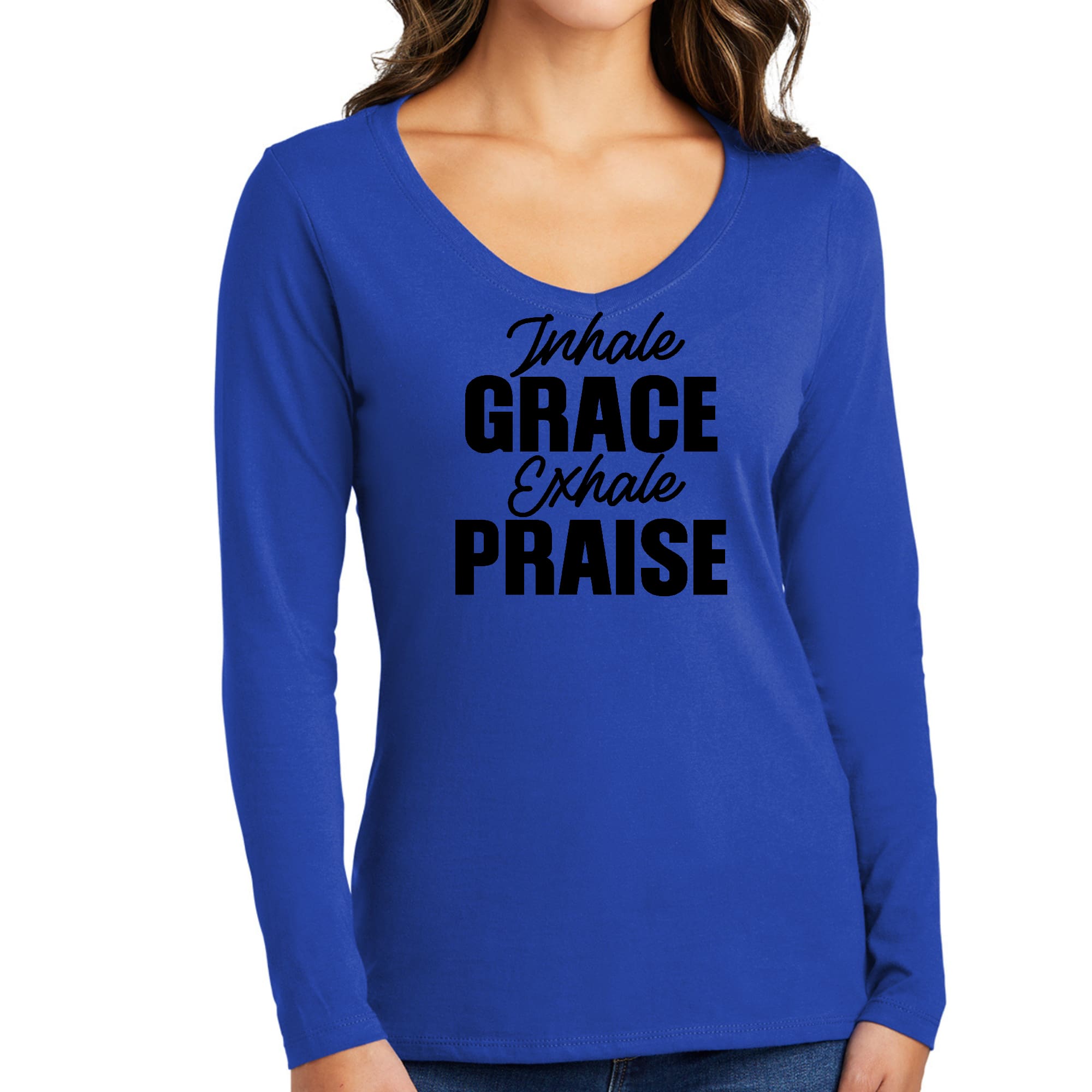 Women's Long Sleeve V-neck Graphic T-shirt featuring 'Inhale Grace Exhale Praise' design, made from soft preshrunk cotton.