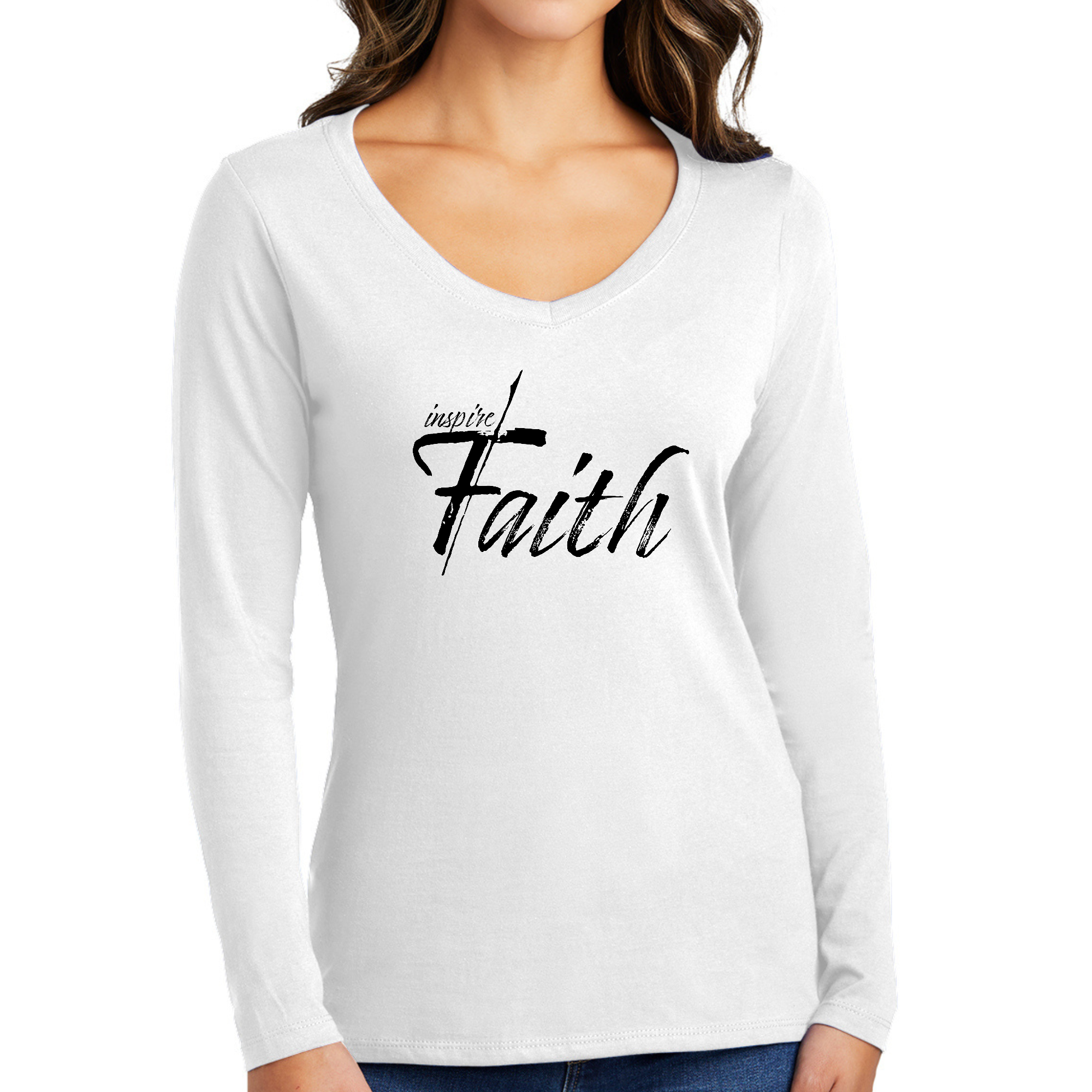 Womens Long Sleeve V-neck Graphic T-shirt featuring Inspire Faith Black Print, showcasing a stylish design and comfortable fit.