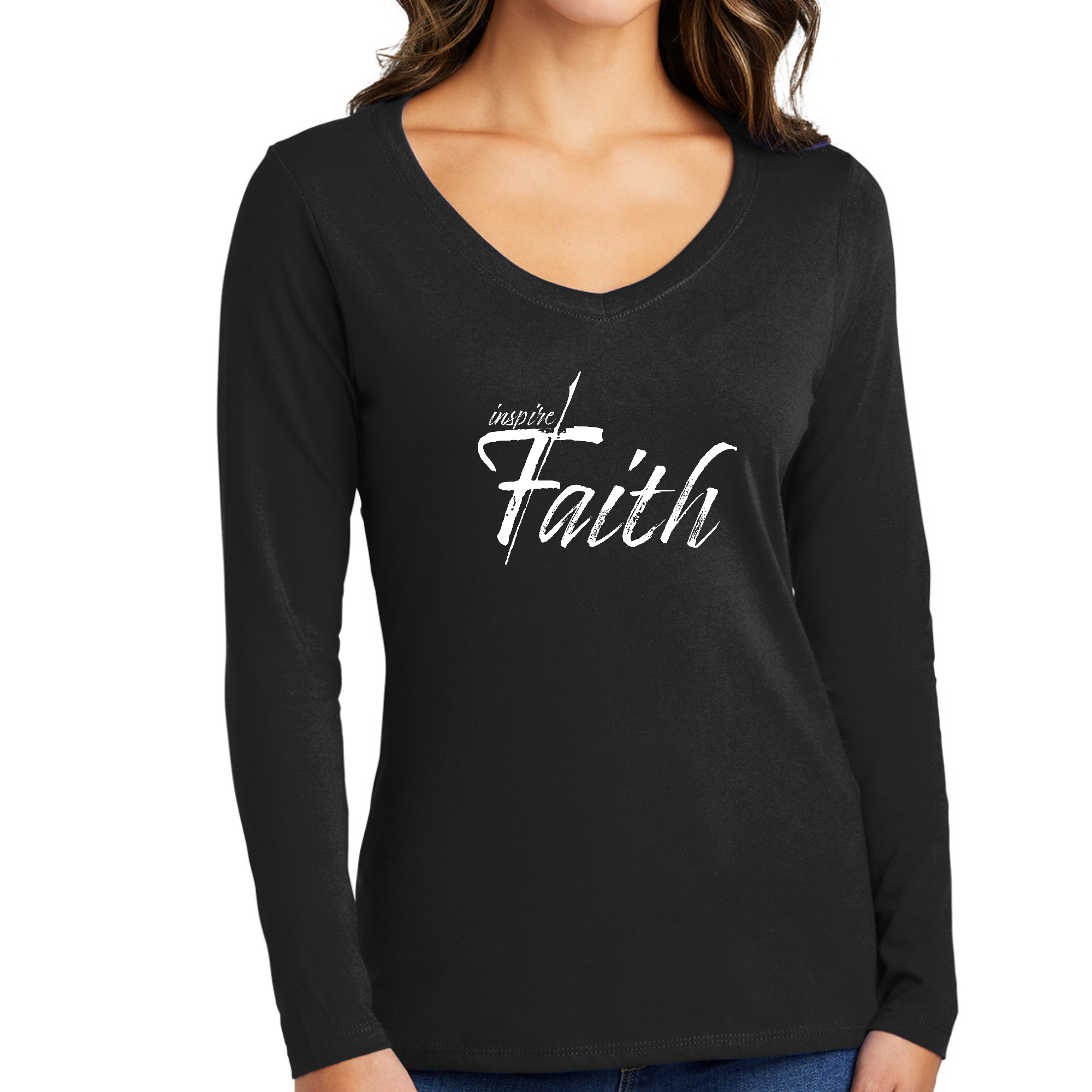 Women's Long Sleeve V-neck Graphic T-shirt in white featuring an inspiring faith print, designed for comfort and style.