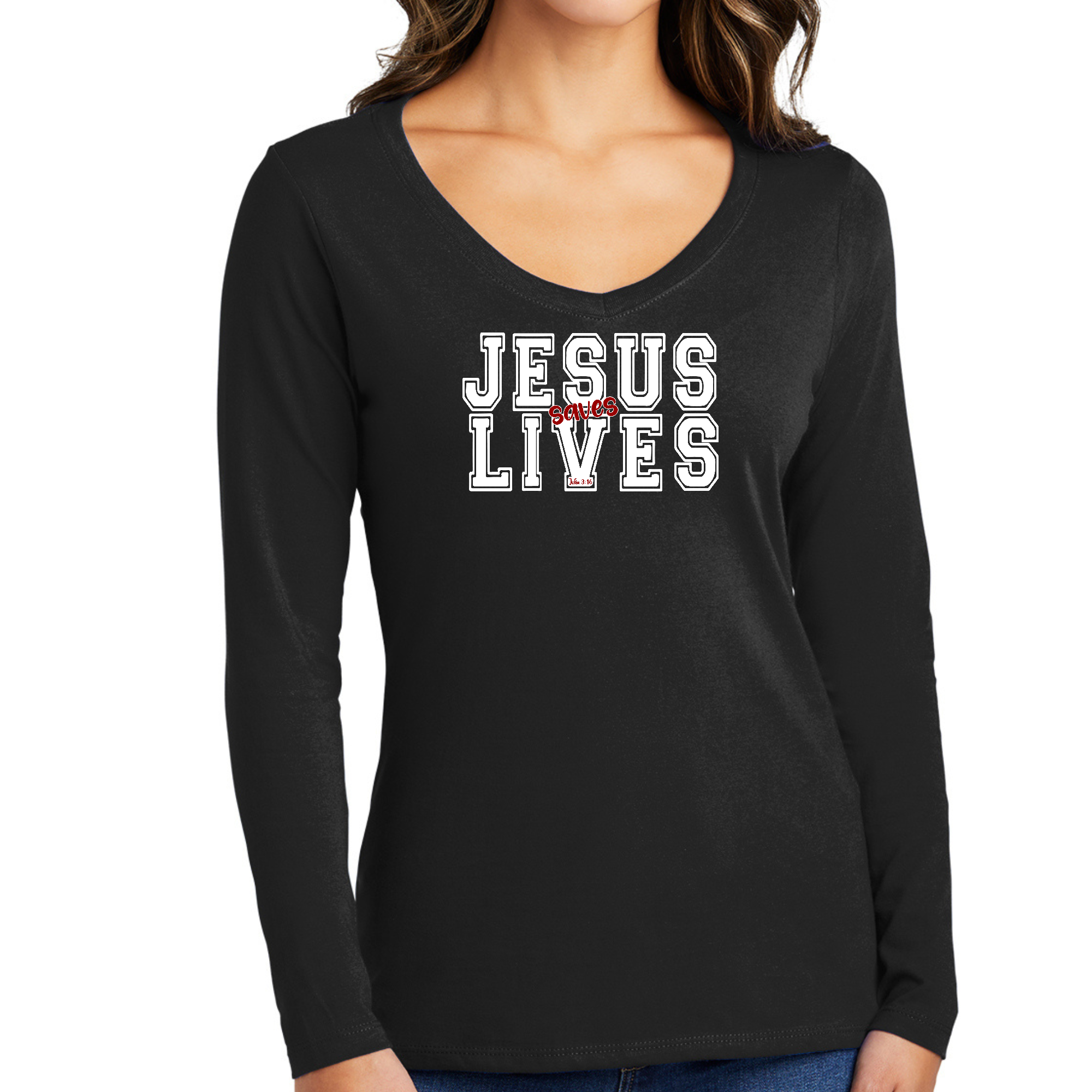 Women's Long Sleeve V-neck Graphic T-shirt in white featuring 'Jesus Saves Lives' print, made from soft preshrunk cotton.