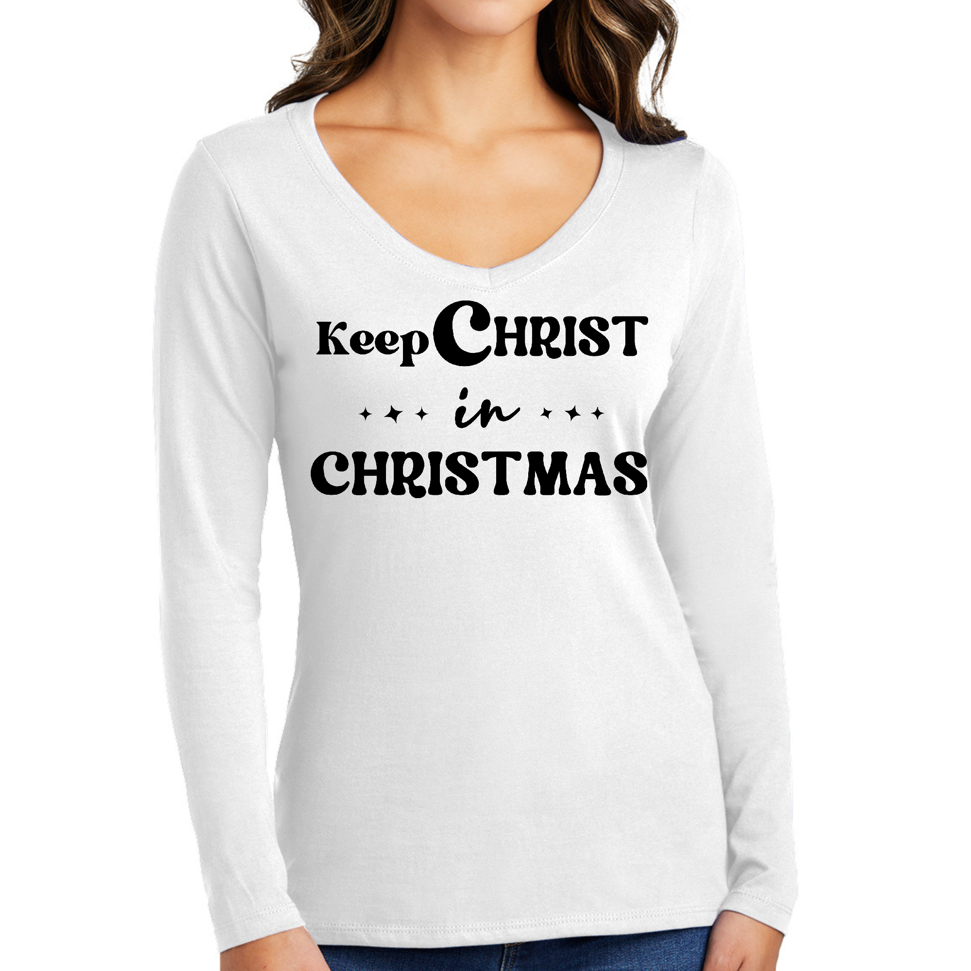 Women's Long Sleeve V-neck Graphic T-shirt with 'Keep Christ in Christmas' print, showcasing a comfortable and stylish design.