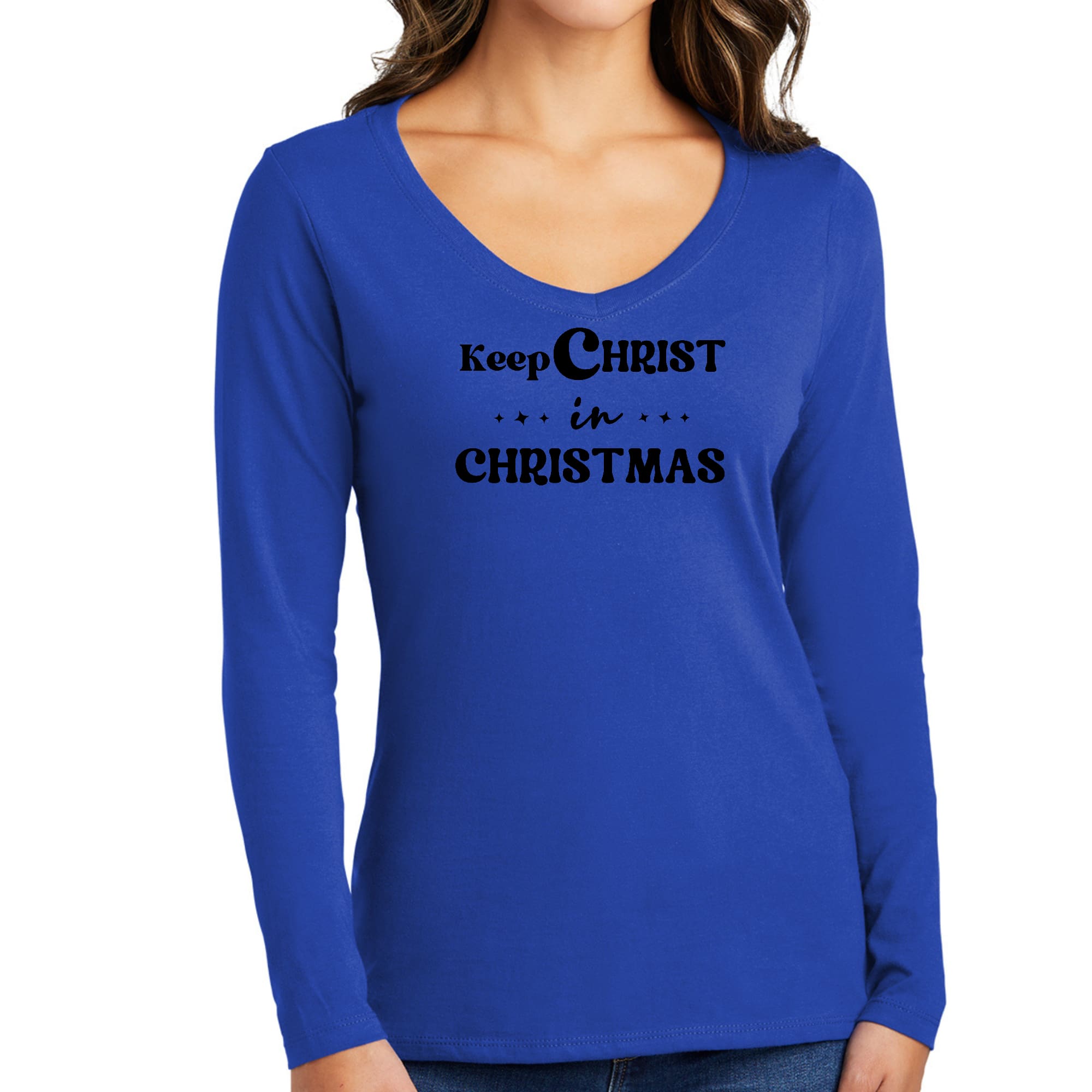 Women's Long Sleeve V-neck Graphic T-shirt with 'Keep Christ in Christmas' print, showcasing a comfortable and stylish design.