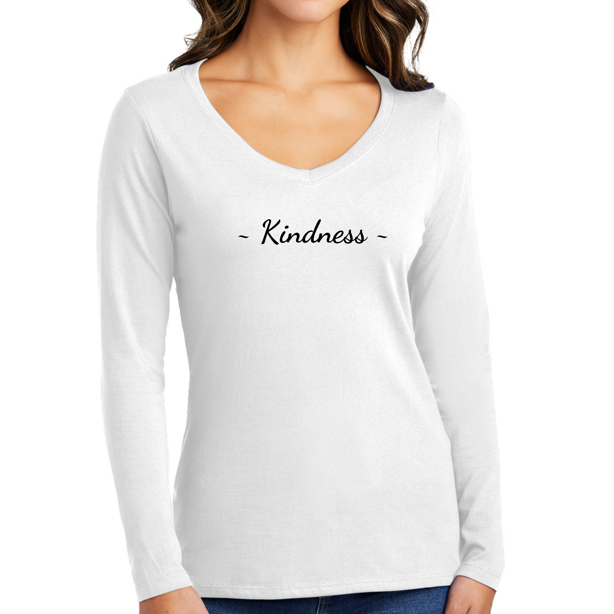 Women's Long Sleeve V-neck Graphic T-shirt featuring a Kindness black print, showcasing its stylish design and soft fabric.