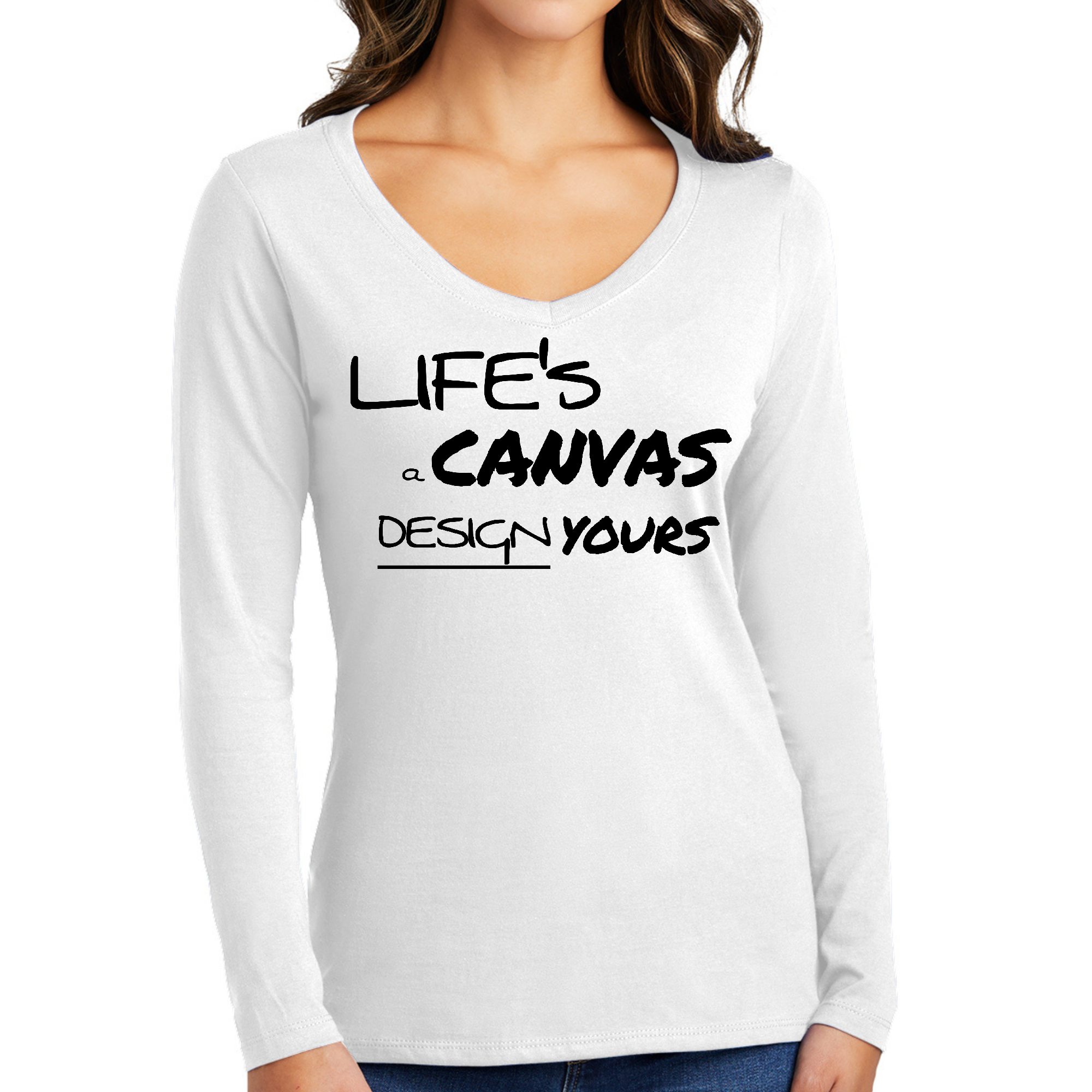 Women's Long Sleeve V-neck Graphic T-shirt in black featuring 'Life's a Canvas' motivational design, made from soft preshrunk cotton.