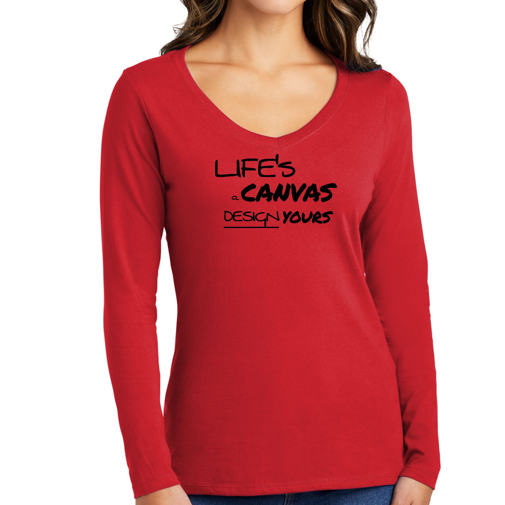 Women's Long Sleeve V-neck Graphic T-shirt in black featuring 'Life's a Canvas' motivational design, made from soft preshrunk cotton.