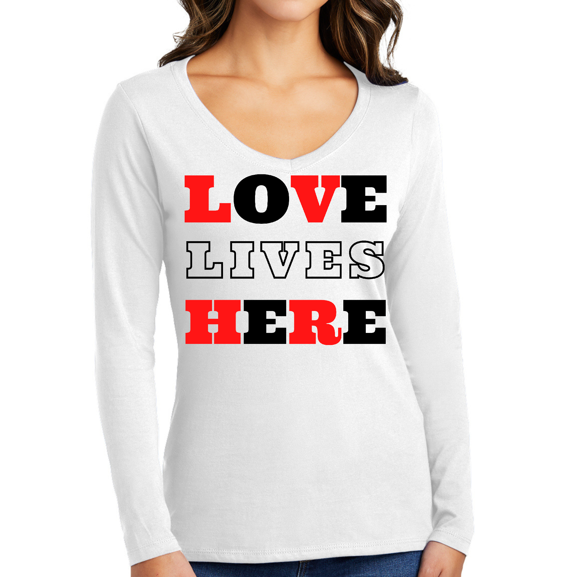 Womens Long Sleeve V-neck Graphic T-shirt featuring 'Love Lives Here' design in soft preshrunk cotton, perfect for casual wear.