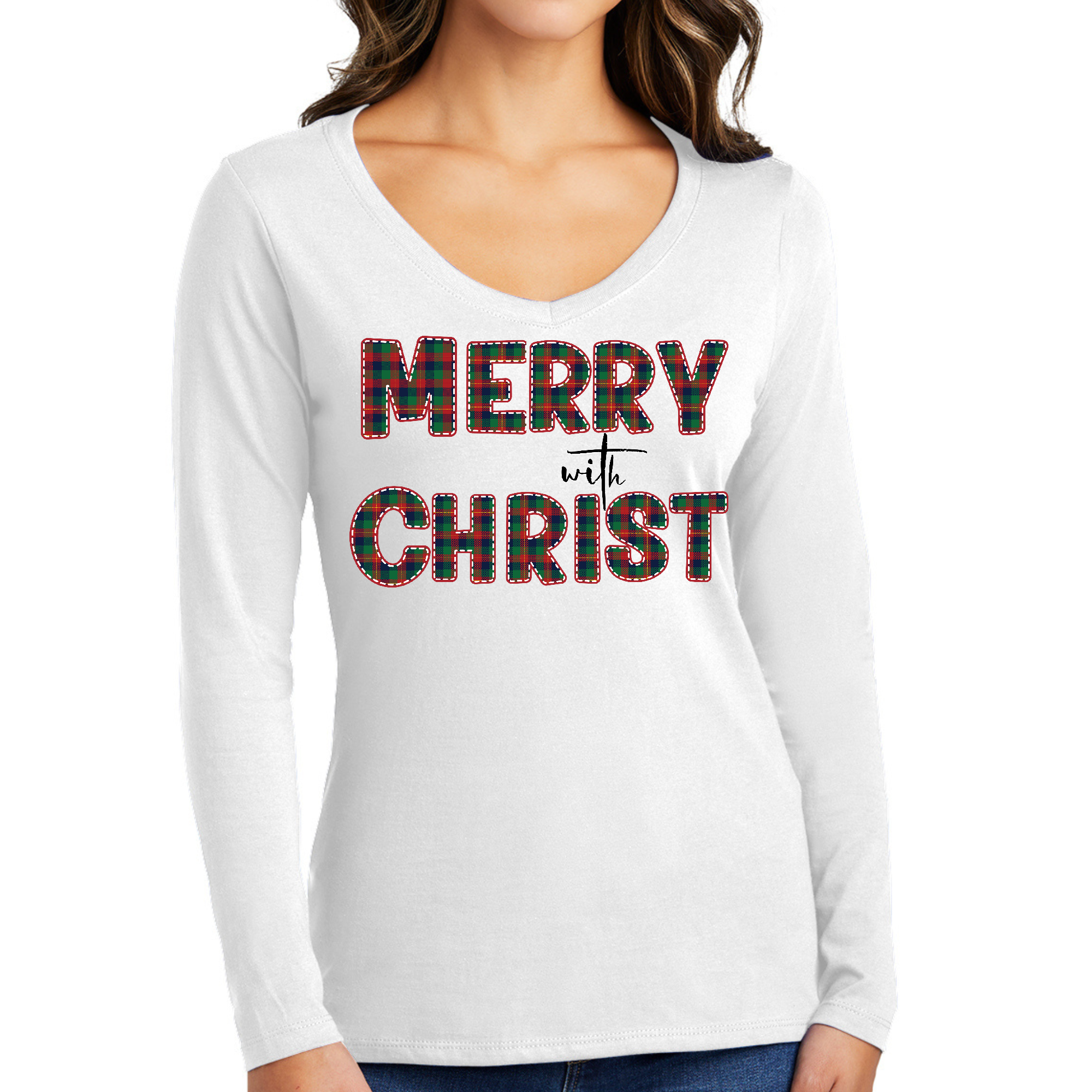 Women's Long Sleeve V-neck Graphic T-shirt in red with Merry with Christ design and green plaid pattern, perfect for Christmas celebrations.