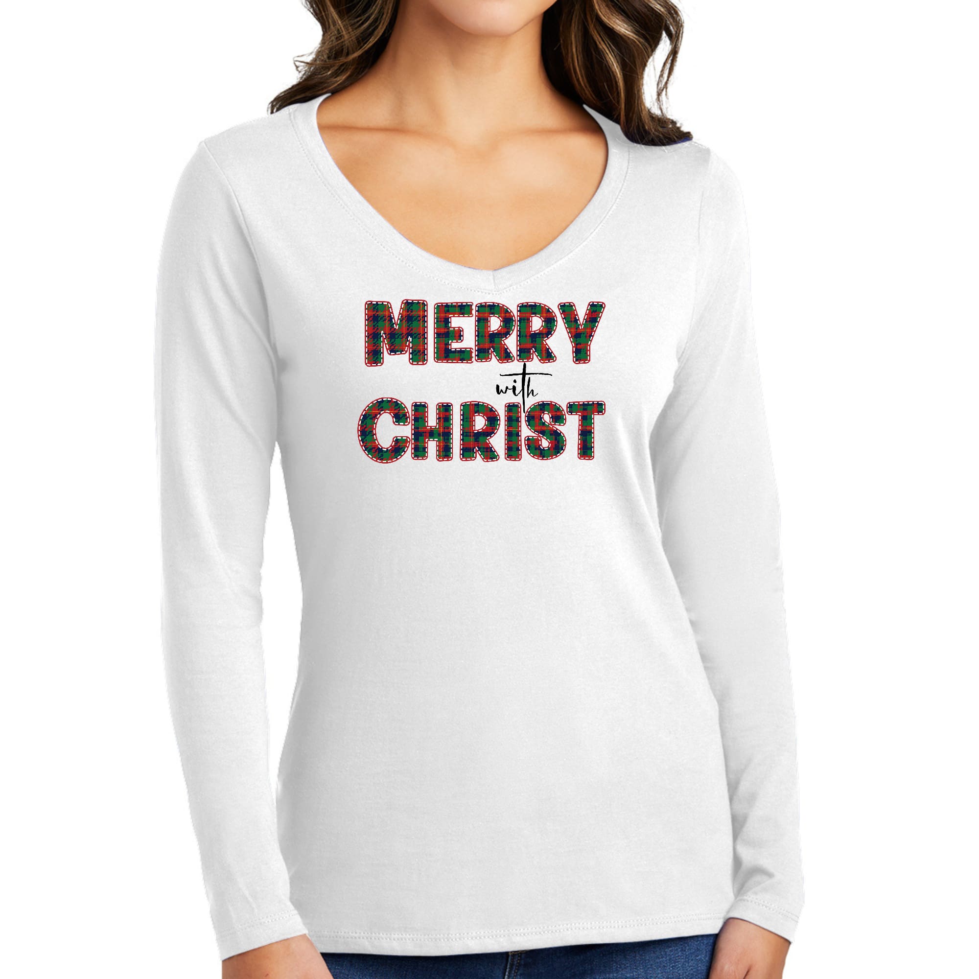 Women's Long Sleeve V-neck Graphic T-shirt in red with Merry with Christ design and green plaid pattern, perfect for Christmas celebrations.