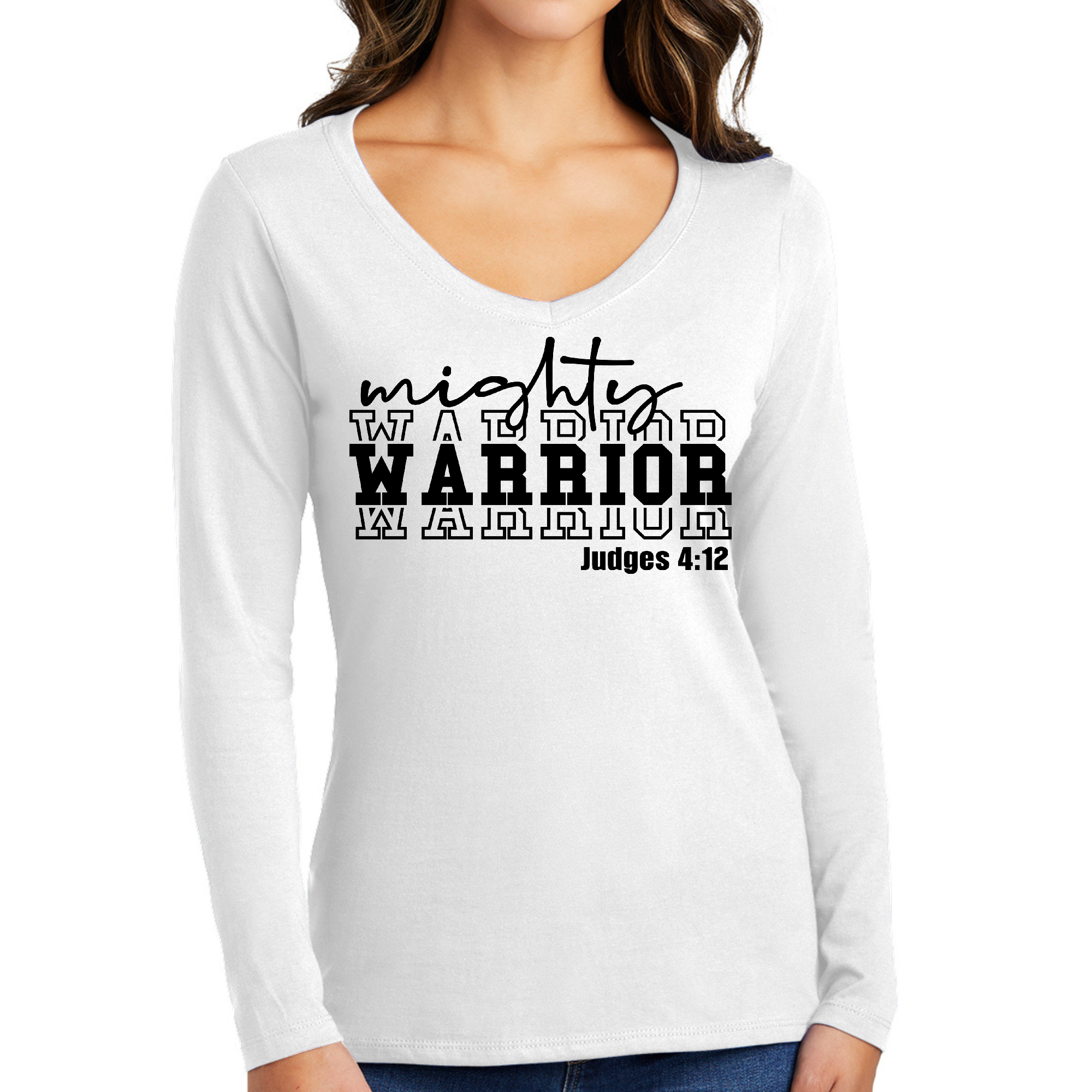 Mighty Warrior Women's Long Sleeve V-neck Graphic T-shirt in black, featuring an inspirational design and soft preshrunk cotton fabric.