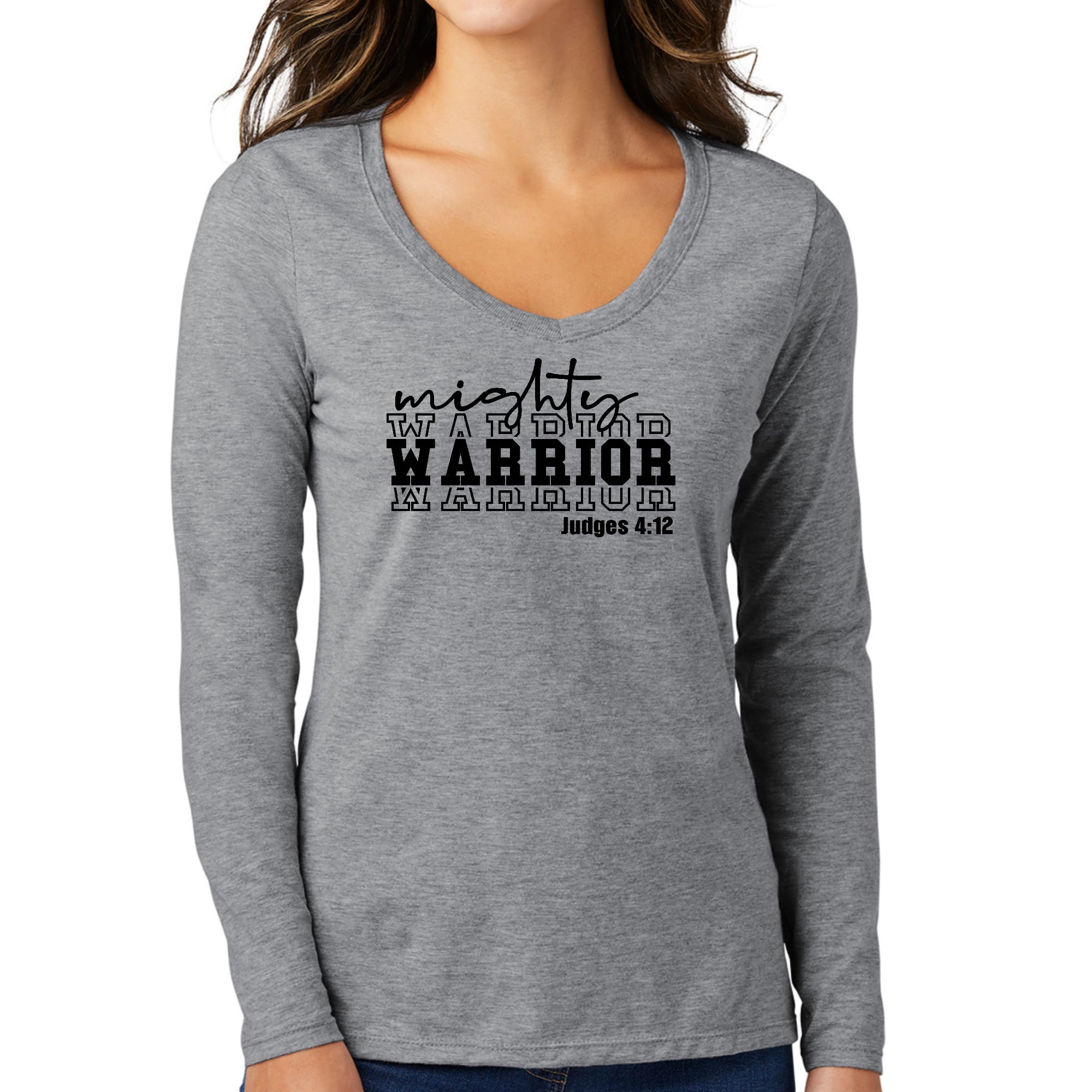 Mighty Warrior Women's Long Sleeve V-neck Graphic T-shirt in black, featuring an inspirational design and soft preshrunk cotton fabric.