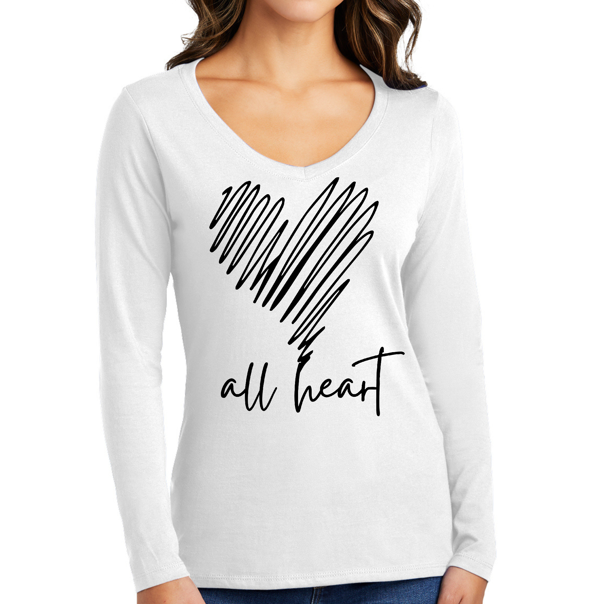 Women's Long Sleeve V-neck Graphic T-shirt featuring black line art print, soft preshrunk cotton fabric, and classic fit.