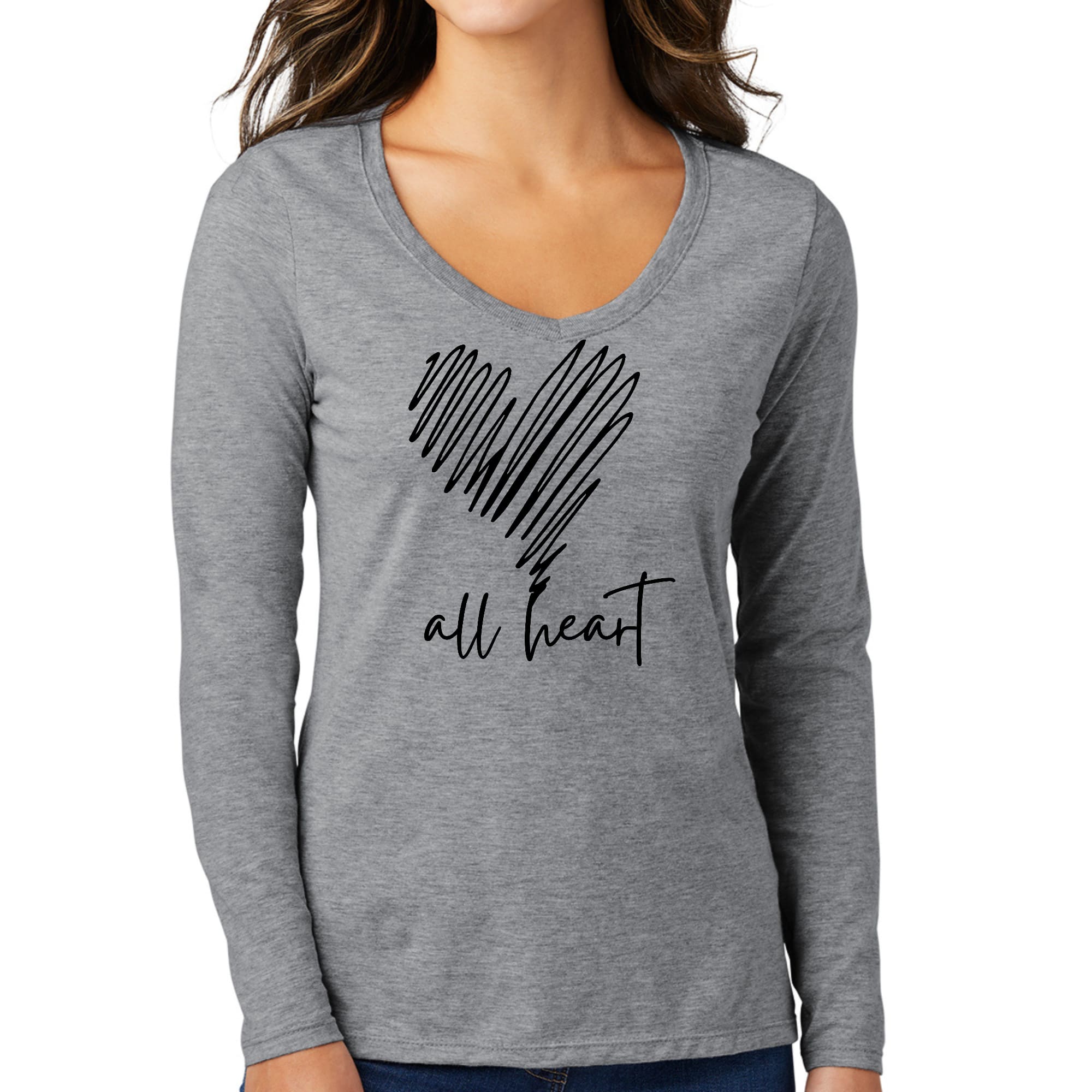 Women's Long Sleeve V-neck Graphic T-shirt featuring black line art print, soft preshrunk cotton fabric, and classic fit.