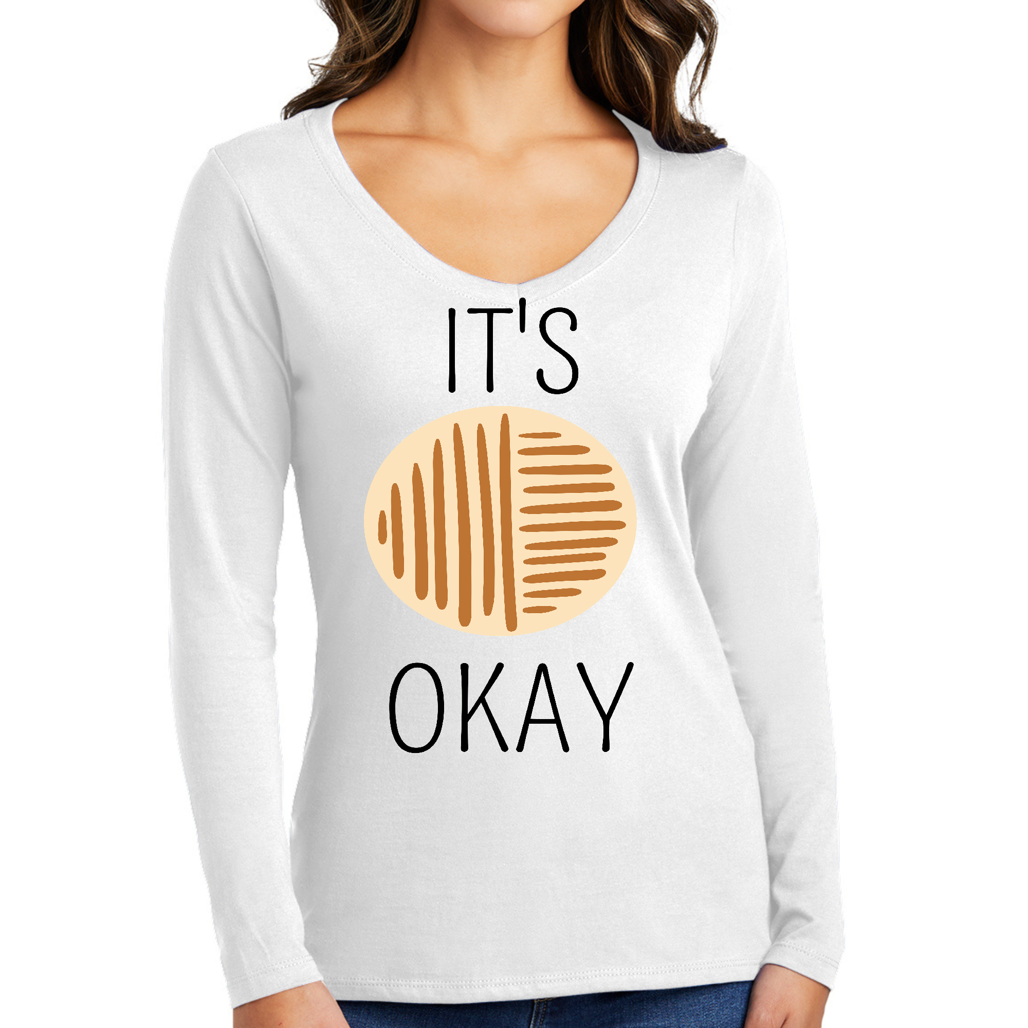 Women's Long Sleeve V-neck Graphic T-shirt featuring a positive affirmation design in black and brown line art on a soft cotton fabric.