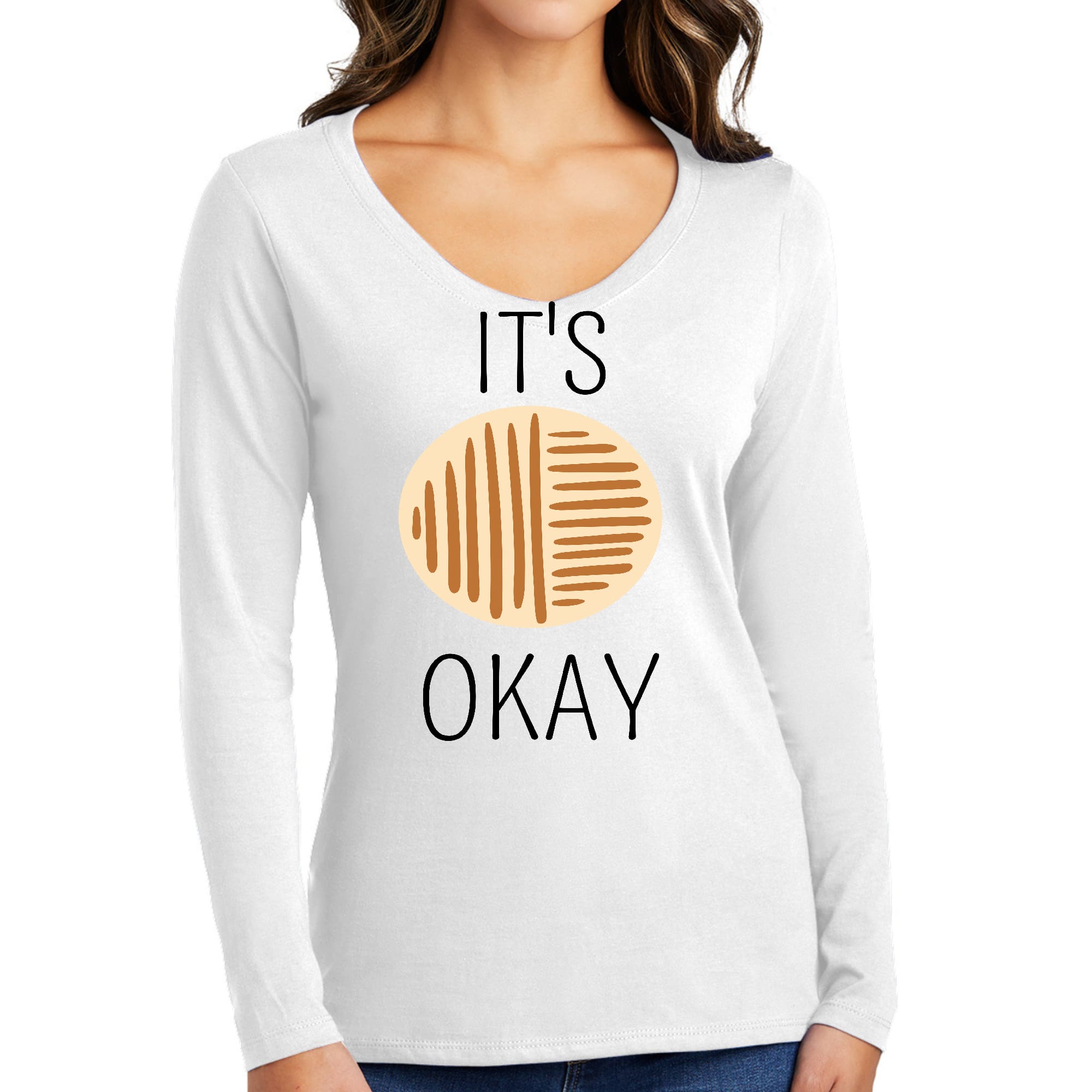 Women's Long Sleeve V-neck Graphic T-shirt featuring a positive affirmation design in black and brown line art on a soft cotton fabric.