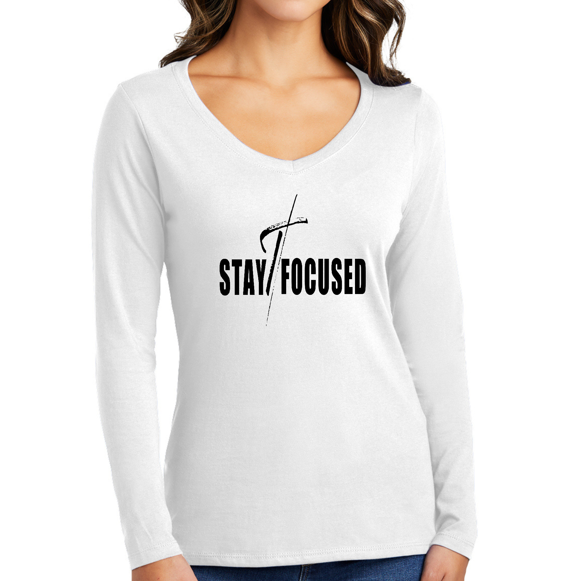 Women's Long Sleeve V-neck Graphic T-shirt with 'Stay Focused' black print, showcasing its stylish design and comfortable fit.