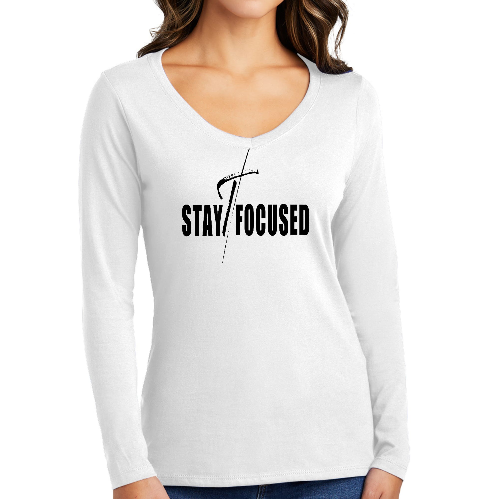 Women's Long Sleeve V-neck Graphic T-shirt with 'Stay Focused' black print, showcasing its stylish design and comfortable fit.