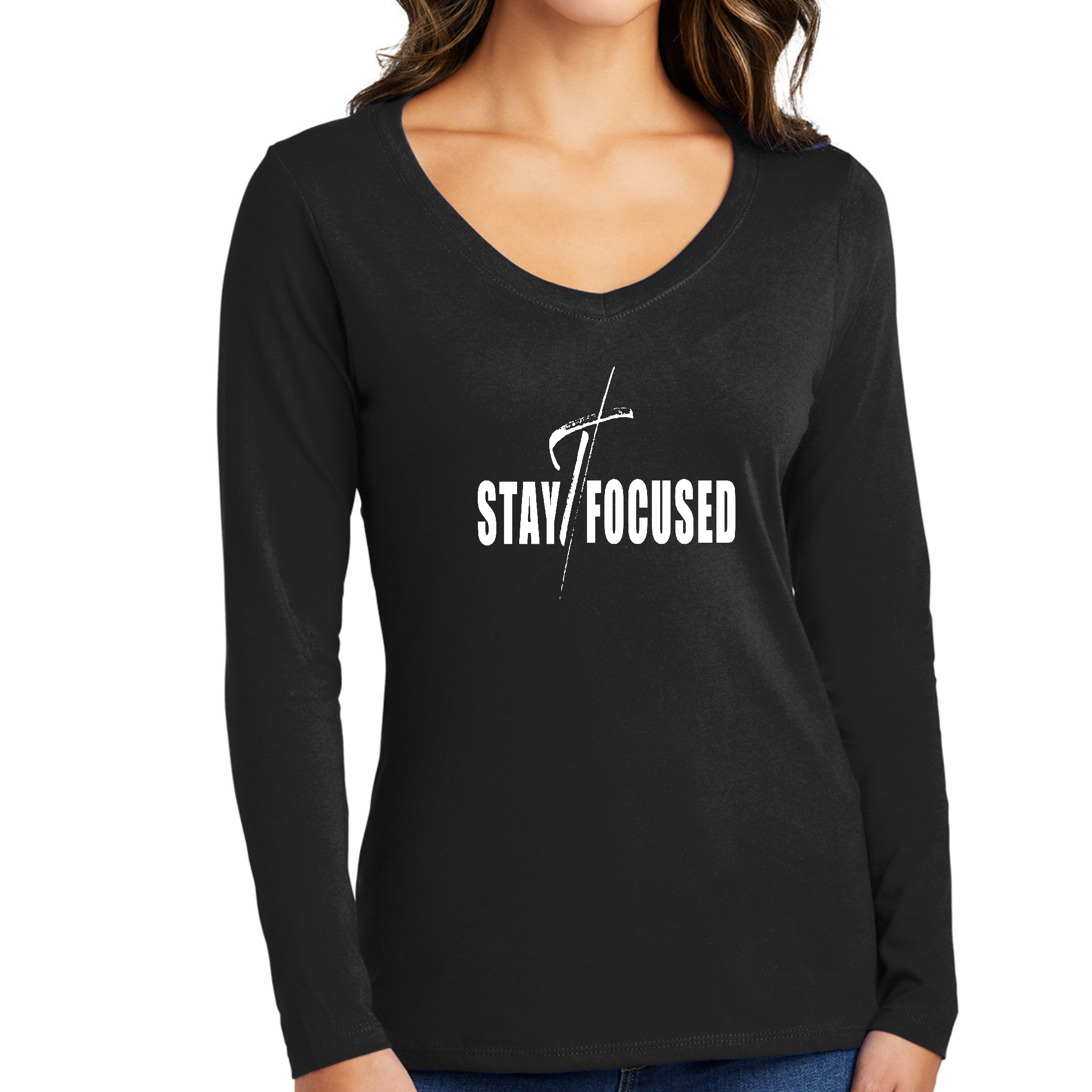 Womens Long Sleeve V-neck Graphic T-shirt with Stay Focused white print, showcasing its stylish design and comfortable fit.