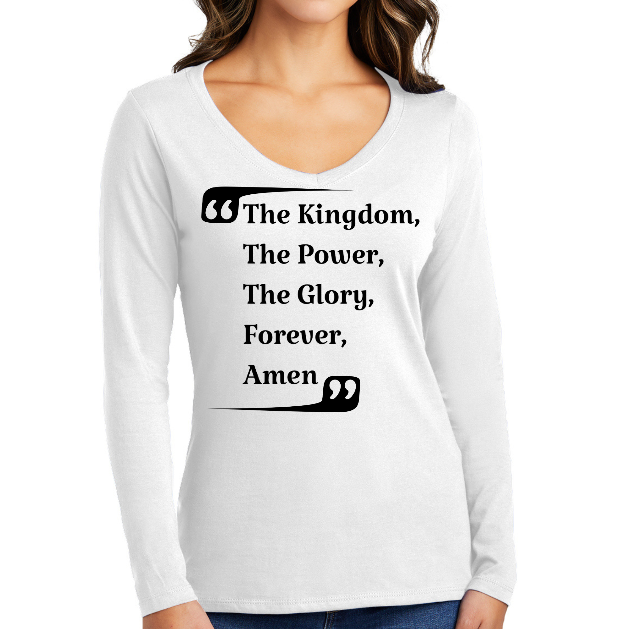 Women's Long Sleeve V-neck Graphic T-shirt with 'The Kingdom The Power The Glory Forever Amen' printed design, showcasing a comfortable fit.