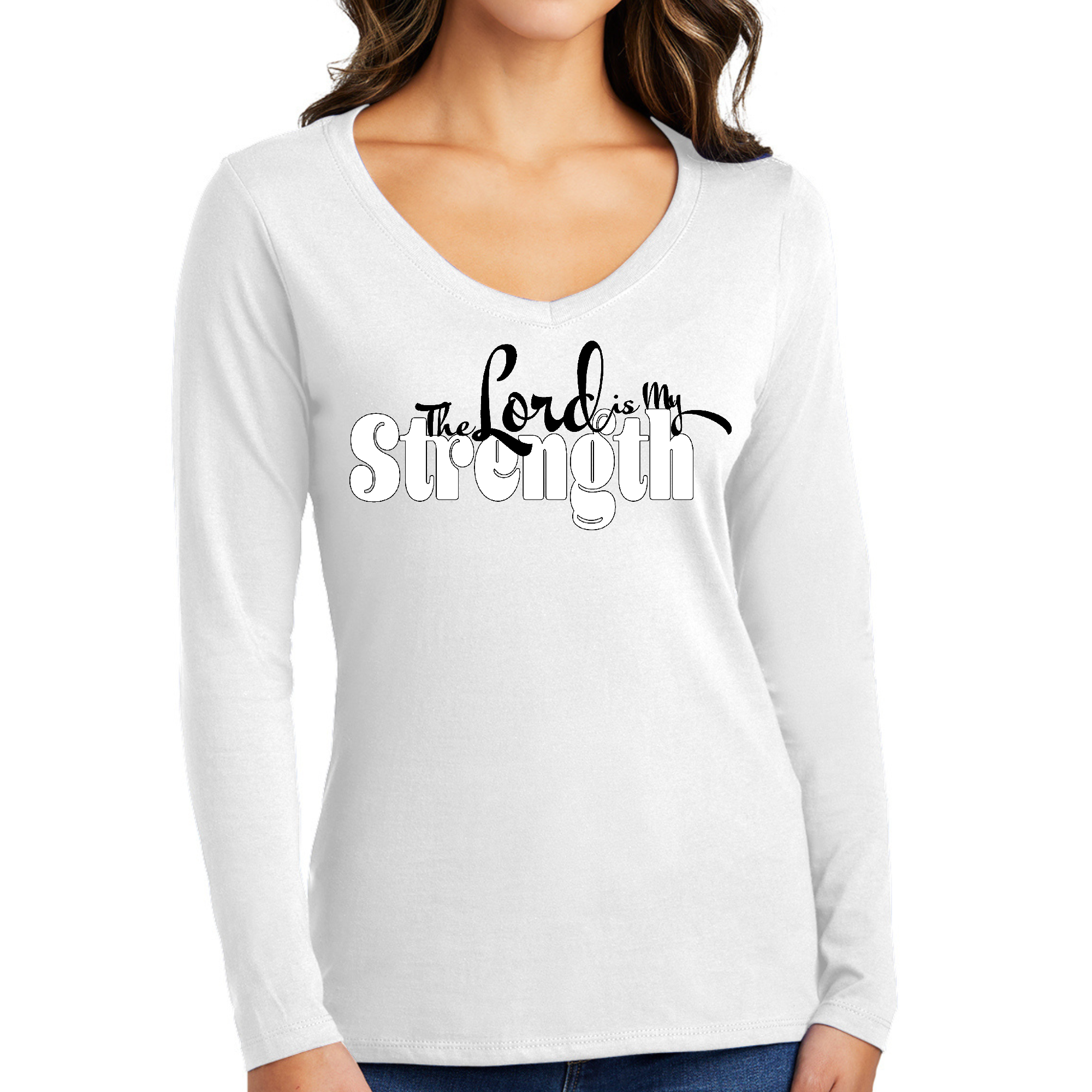 Women's Long Sleeve V-neck Graphic T-shirt featuring 'The Lord is my Strength' design, made from soft preshrunk cotton.