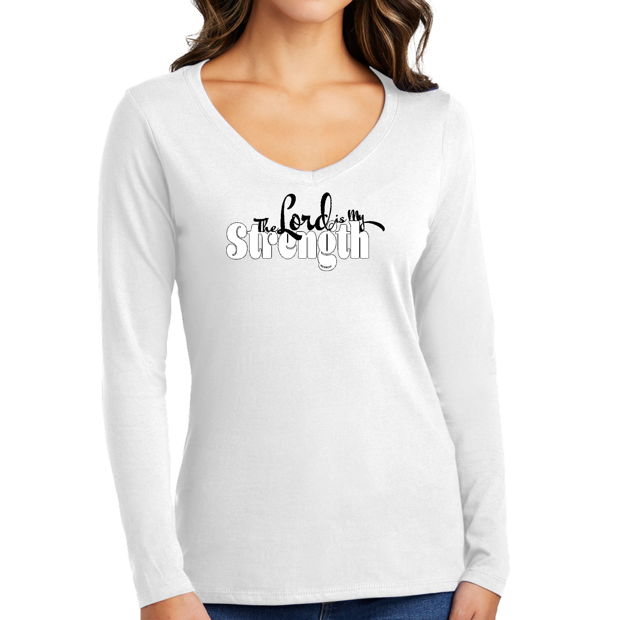 Women's Long Sleeve V-neck Graphic T-shirt featuring 'The Lord is my Strength' design, made from soft preshrunk cotton.