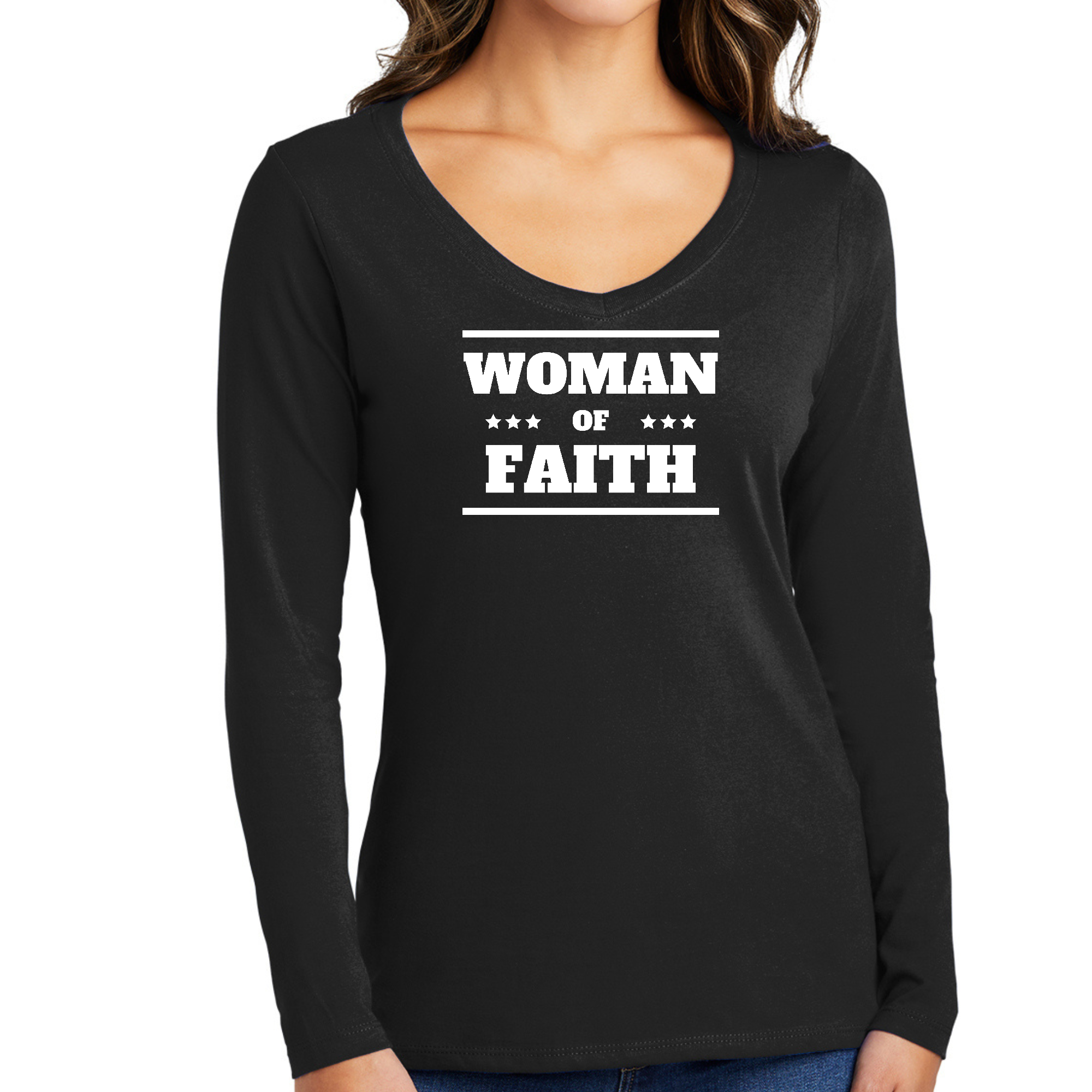 Women's Long Sleeve V-neck Graphic T-shirt featuring 'Woman of Faith' design, made from soft preshrunk cotton.