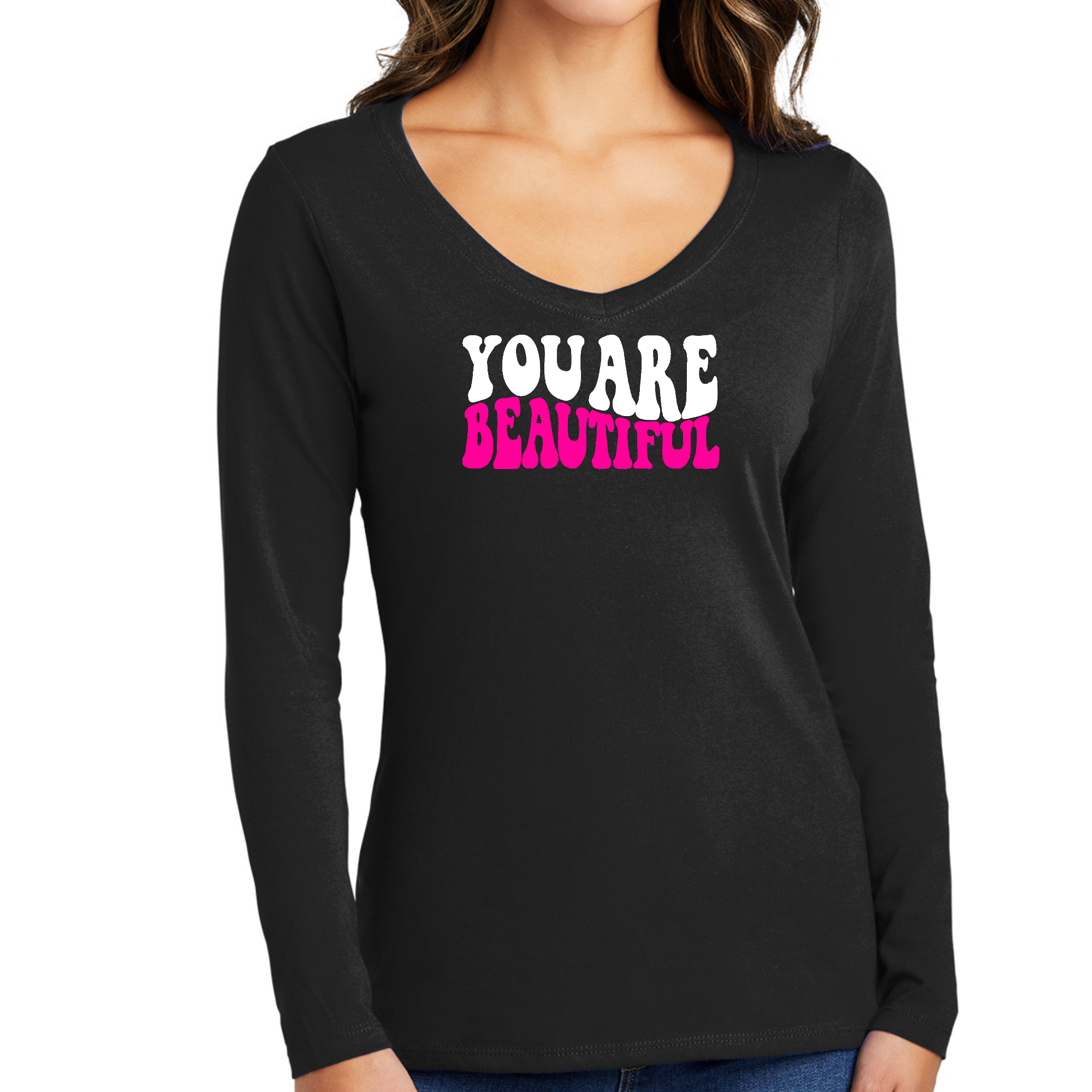 Women's Long Sleeve V-neck Graphic T-shirt in pink with 'You Are Beautiful' inspirational design, showcasing soft cotton fabric and classic fit.