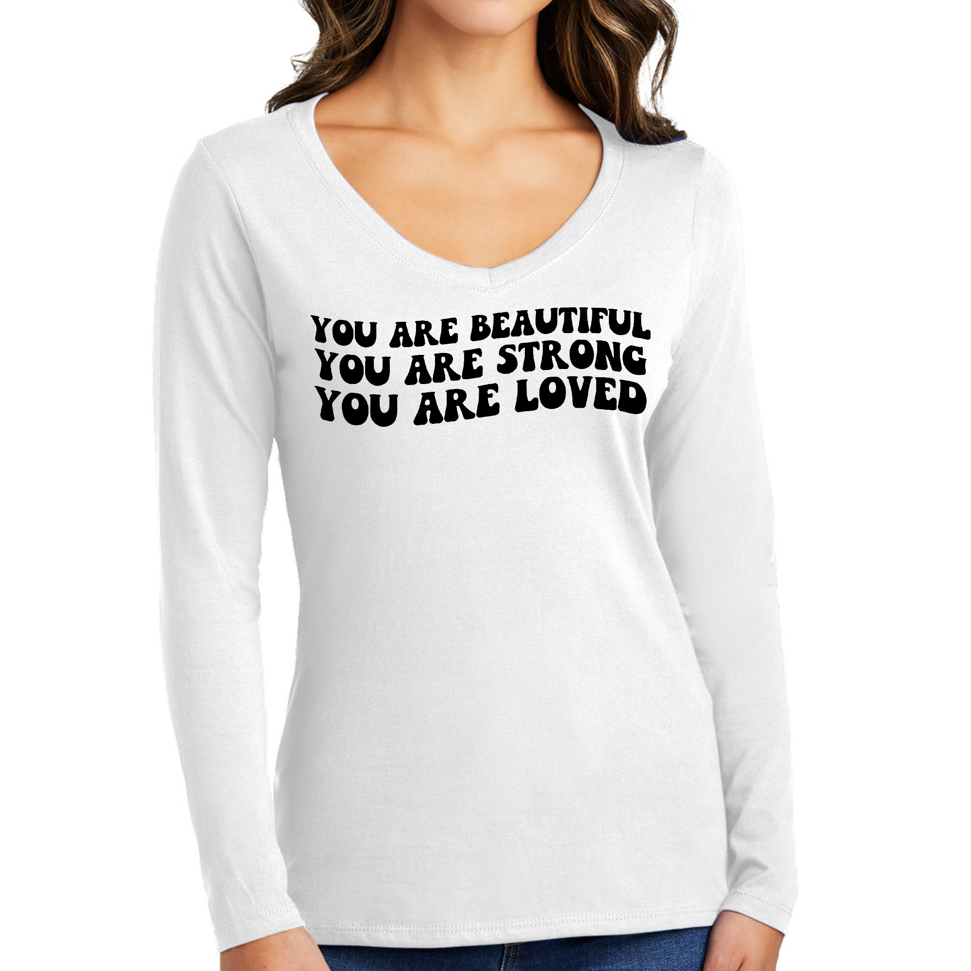 Women's Long Sleeve V-neck Graphic T-shirt with 'You Are Beautiful Strong' quote print, showcasing a comfortable fit and stylish design.