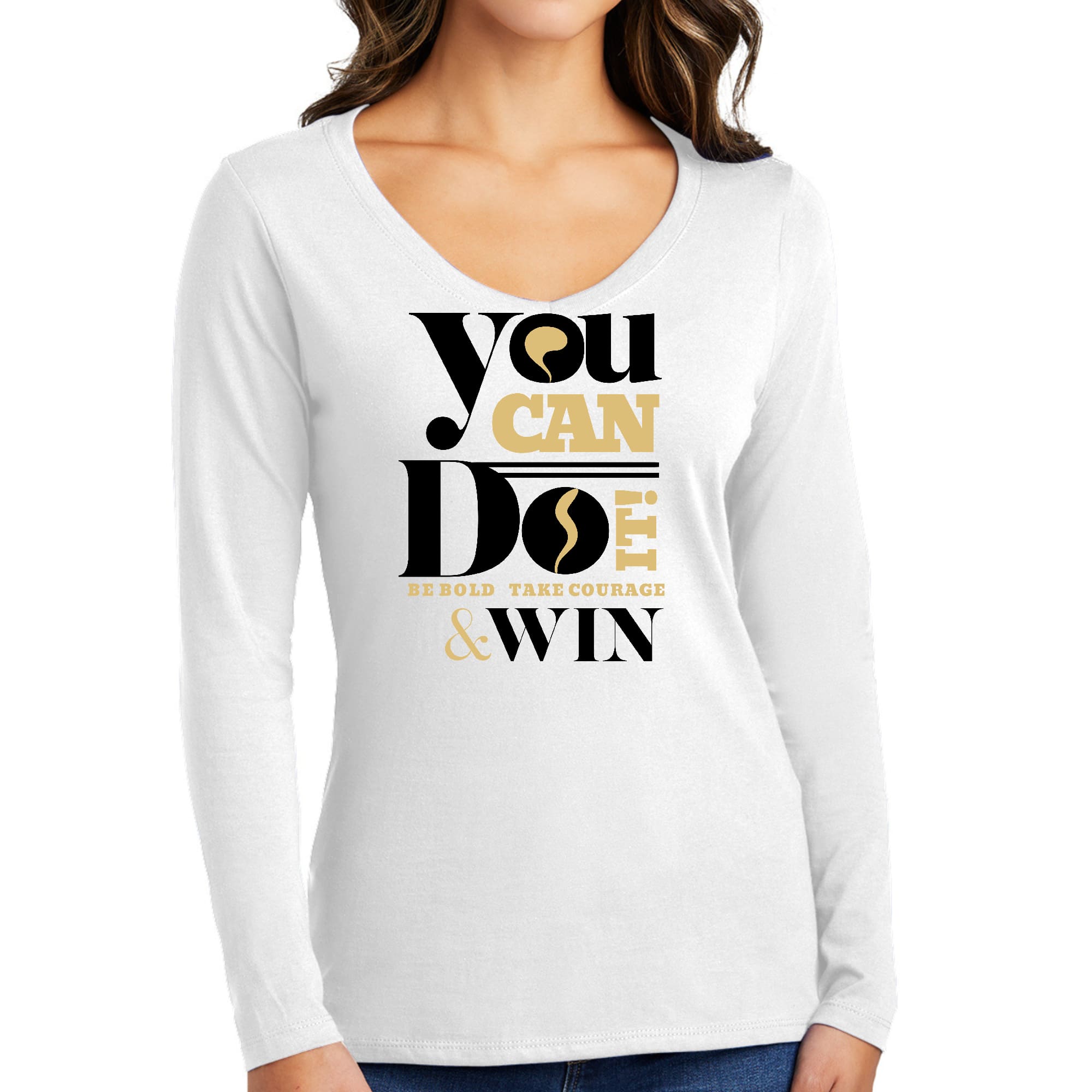 Women's Long Sleeve V-neck Graphic T-shirt in black with motivational artwork, featuring a soft preshrunk cotton fabric and classic fit.