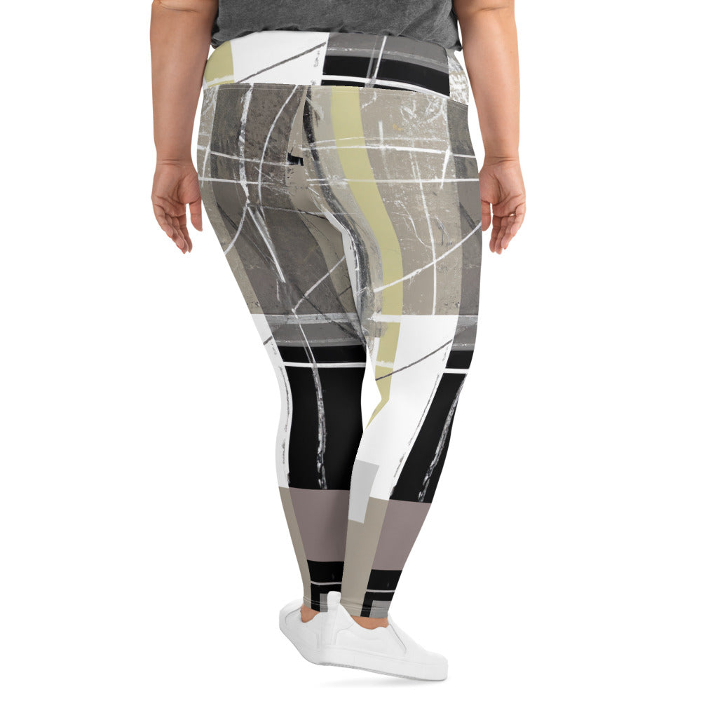 Womens Plus Size Fitness Leggings featuring abstract brown geometric shapes, showcasing a comfortable high waistband and soft fabric.