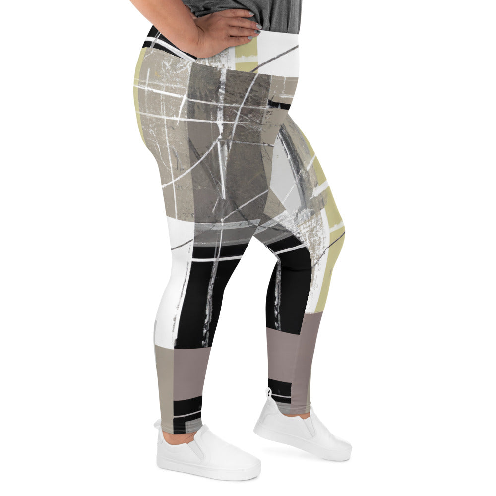 Womens Plus Size Fitness Leggings featuring abstract brown geometric shapes, showcasing a comfortable high waistband and soft fabric.