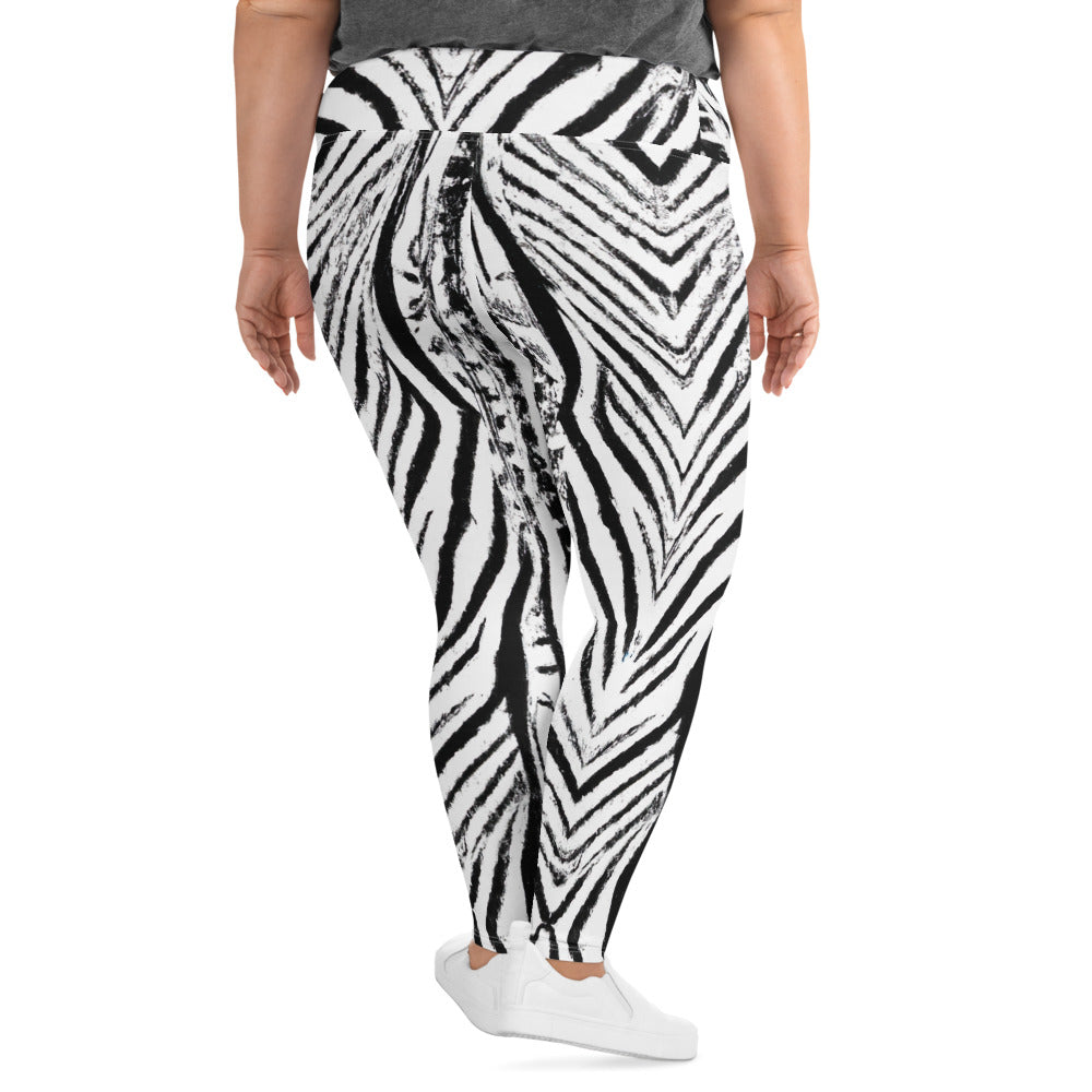 Womens Plus Size Fitness Leggings in black and white native print, showcasing a comfortable high waistband and soft fabric.