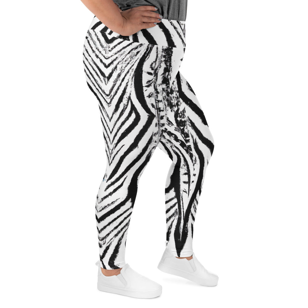 Womens Plus Size Fitness Leggings in black and white native print, showcasing a comfortable high waistband and soft fabric.