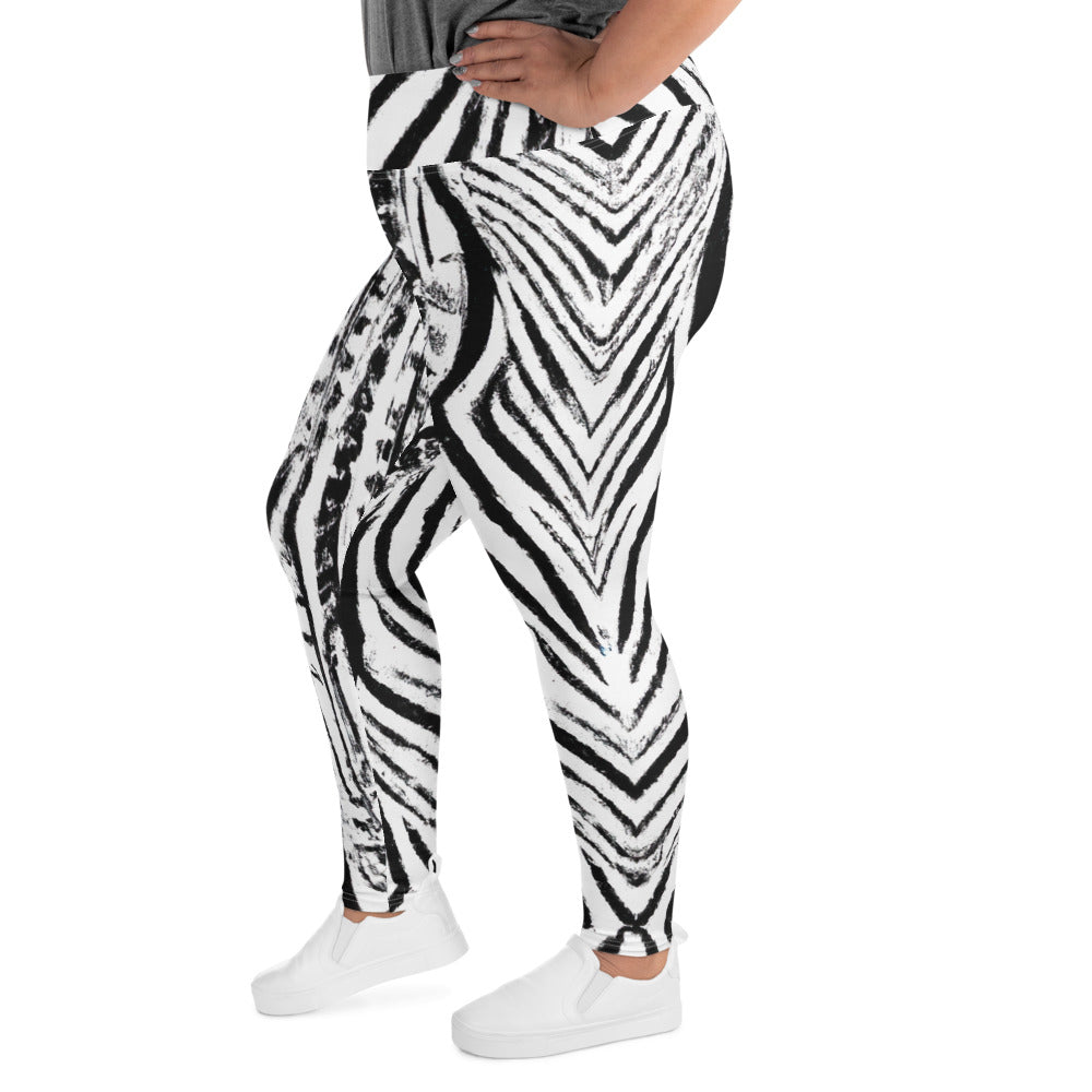 Womens Plus Size Fitness Leggings in black and white native print, showcasing a comfortable high waistband and soft fabric.
