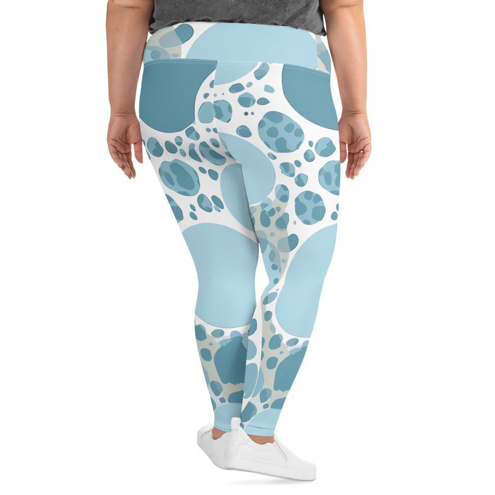 Womens Plus Size Fitness Leggings in blue and white circular spotted design, showcasing a soft fabric and high waistband for comfort.