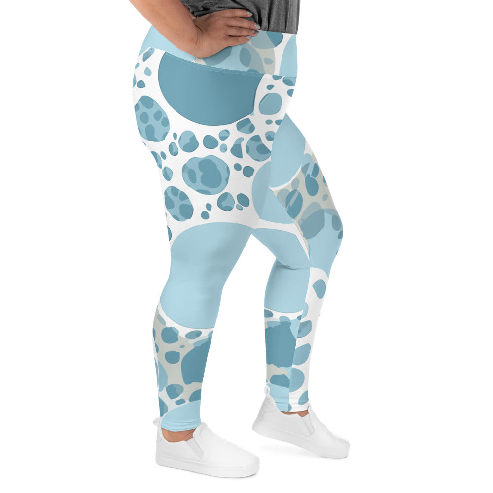 Womens Plus Size Fitness Leggings in blue and white circular spotted design, showcasing a soft fabric and high waistband for comfort.