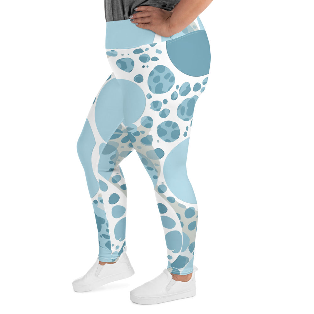 Womens Plus Size Fitness Leggings in blue and white circular spotted design, showcasing a soft fabric and high waistband for comfort.
