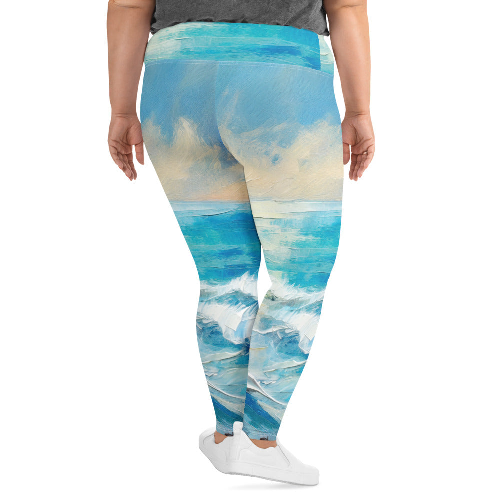 Womens Plus Size Fitness Leggings featuring a vibrant Blue Ocean Print, showcasing a comfortable high waistband and soft fabric.
