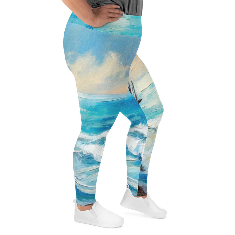 Womens Plus Size Fitness Leggings featuring a vibrant Blue Ocean Print, showcasing a comfortable high waistband and soft fabric.